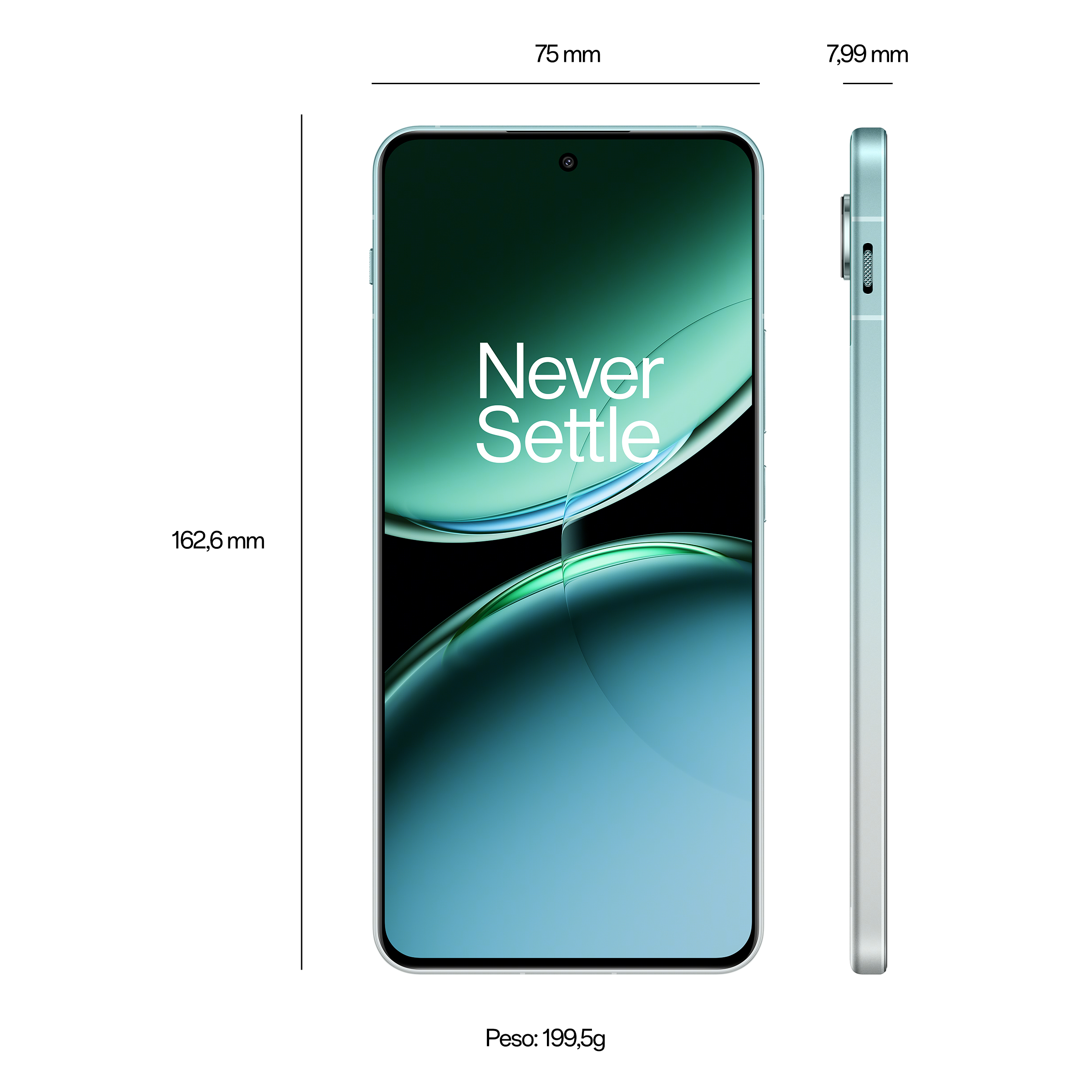 Mintgroene smartphone met afmetingen. Voor- en zijaanzicht tegen witte achtergrond.