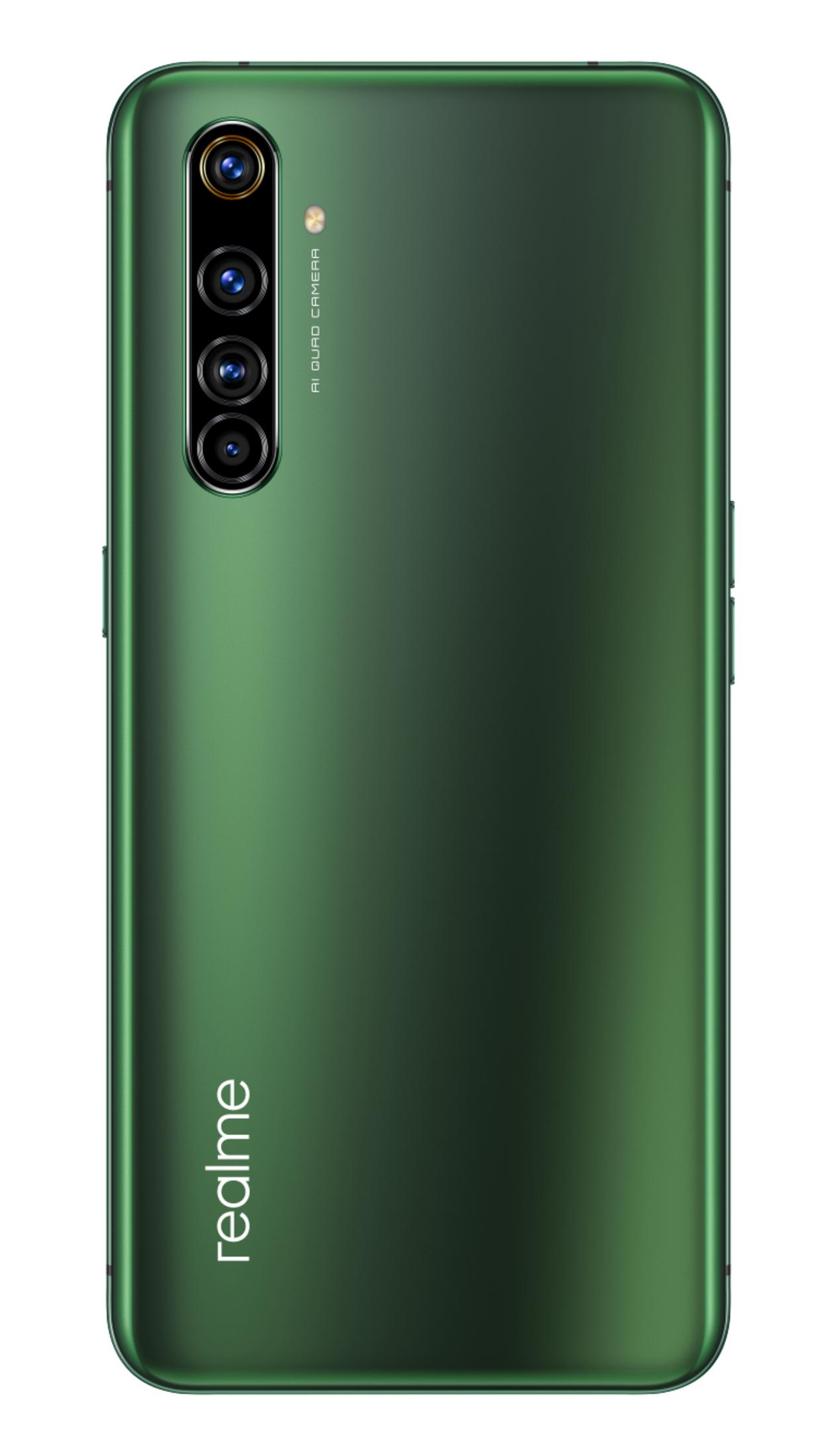 Rückseite eines grünen Realme-Smartphones mit Quad-Kameras und Realme-Logo.