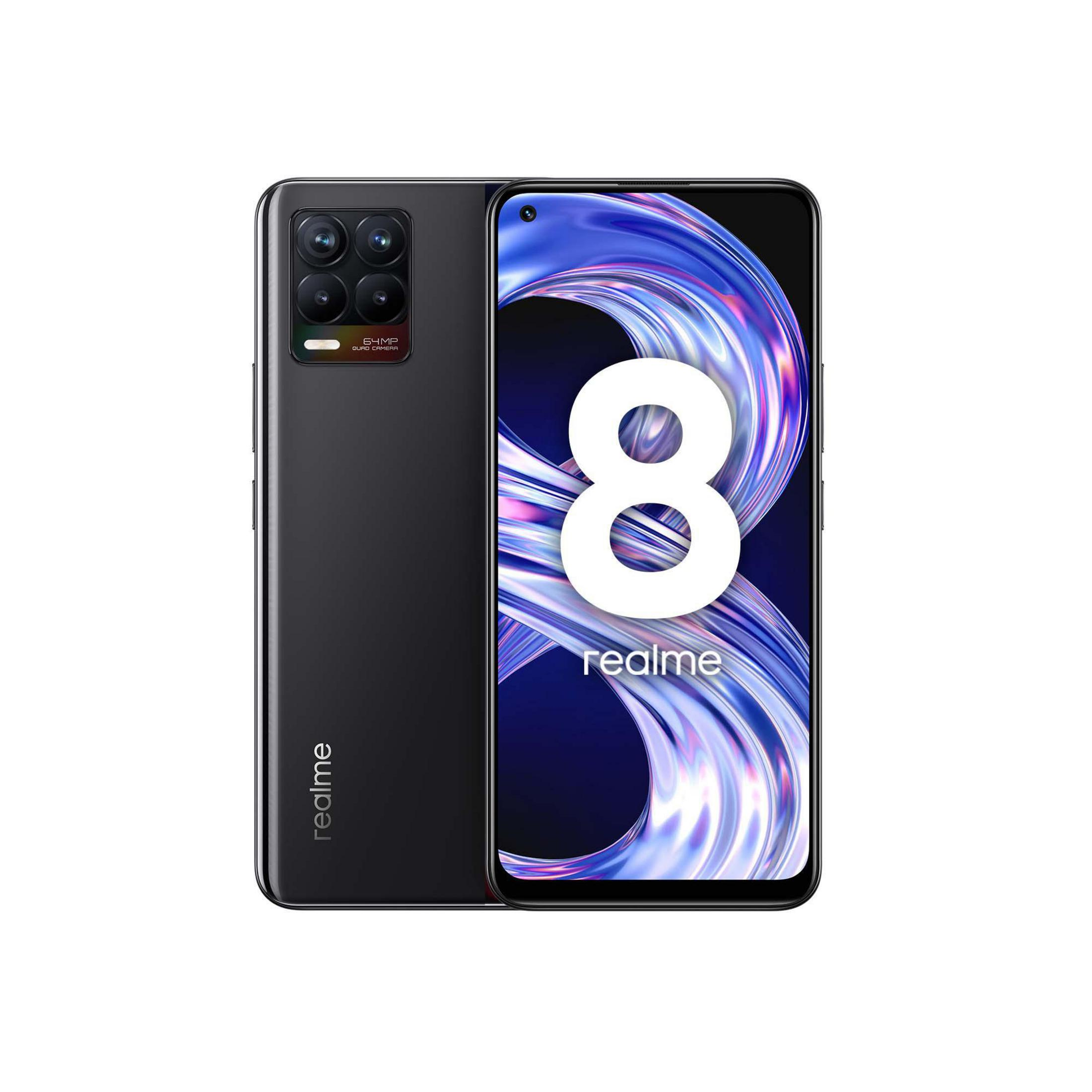 Schwarzes Realme 8 Smartphone mit großem '8'-Design auf der Rückseite und Dreifach-Kamera.