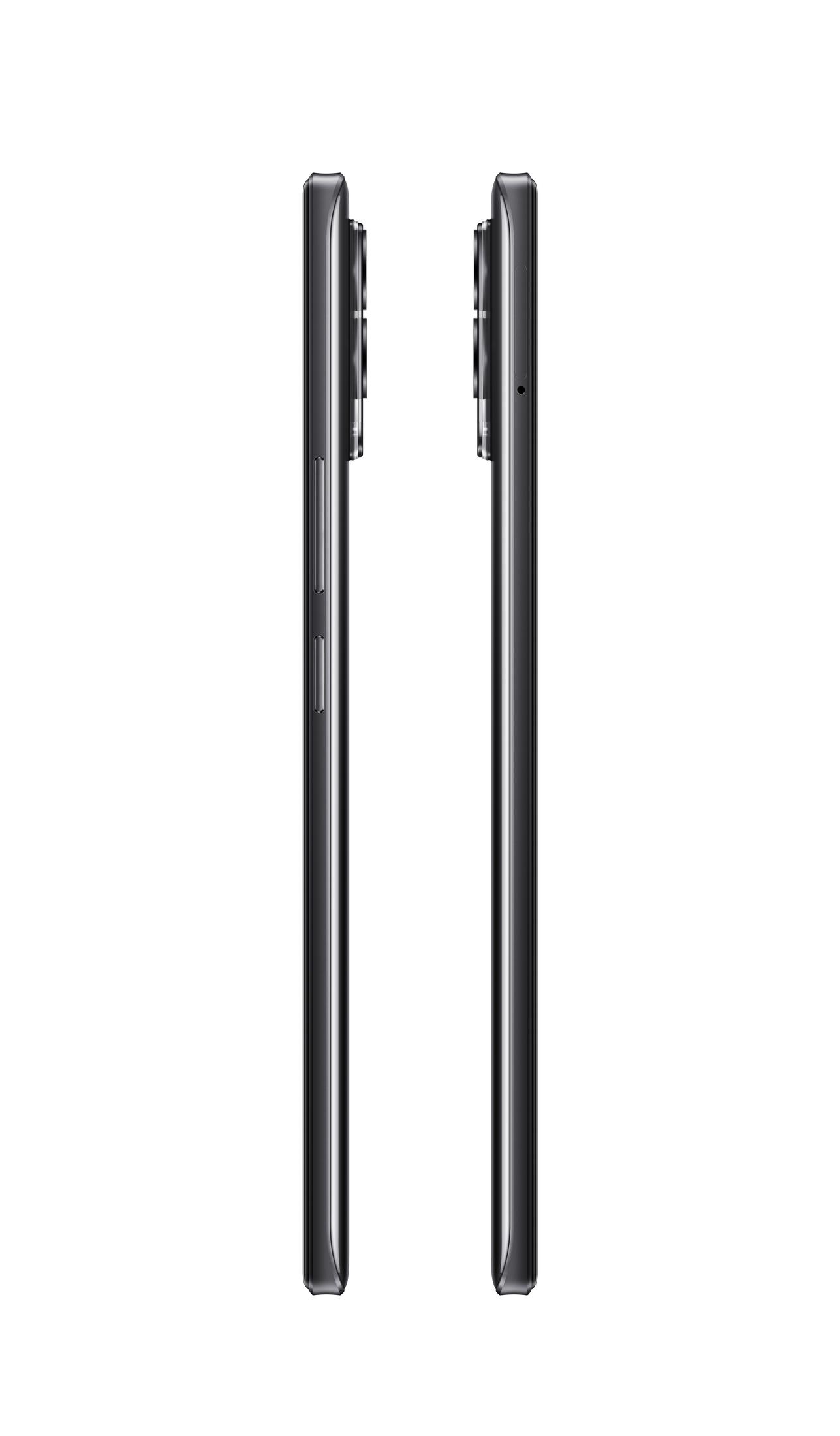 Zwei schwarze Smartphones, Seitenansicht, zeigen Knöpfe und Kamera, auf weißem Hintergrund.