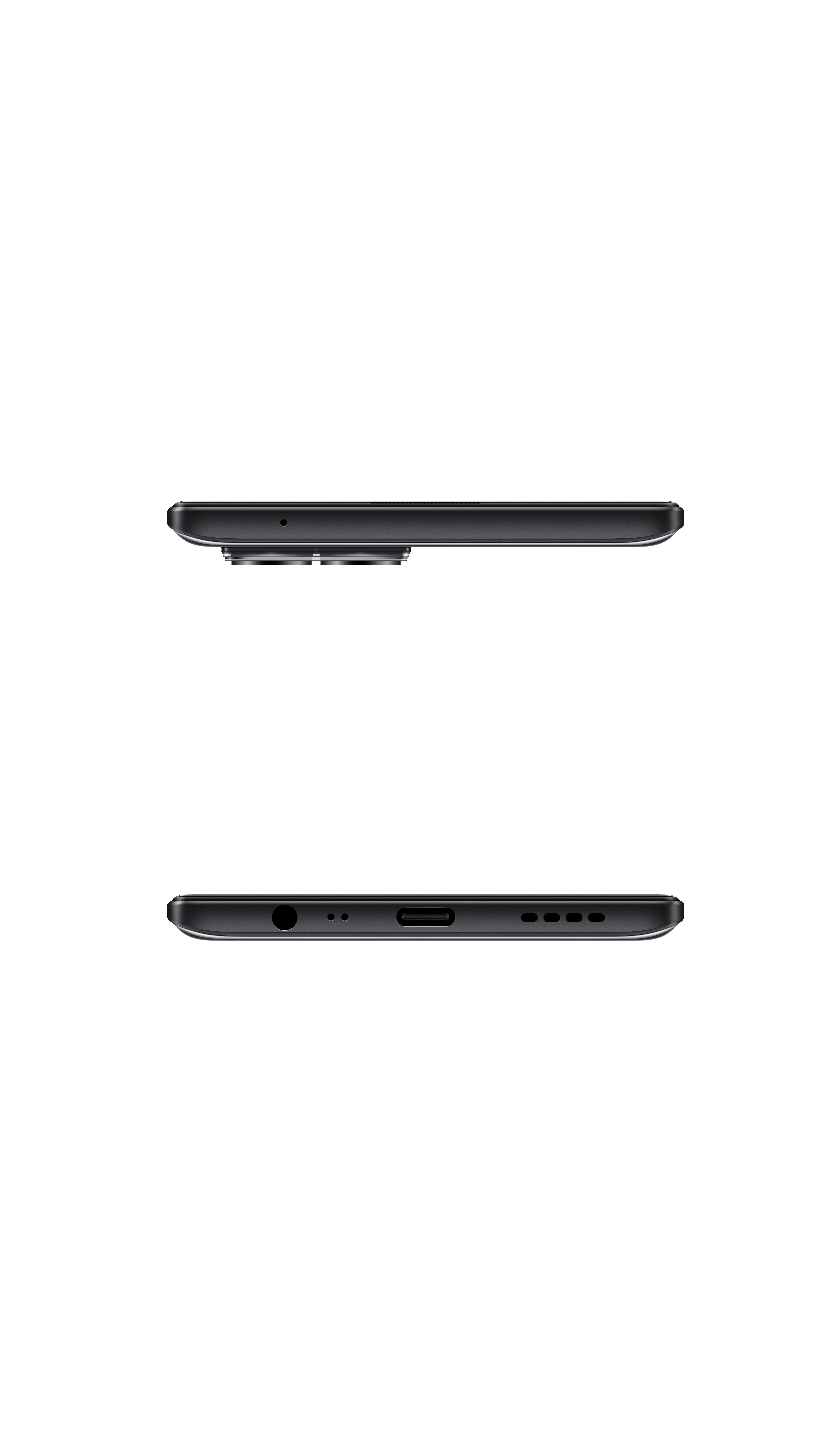 Zwei Ansichten eines schwarzen Smartphones, die Ober- und Unterseite zeigen.