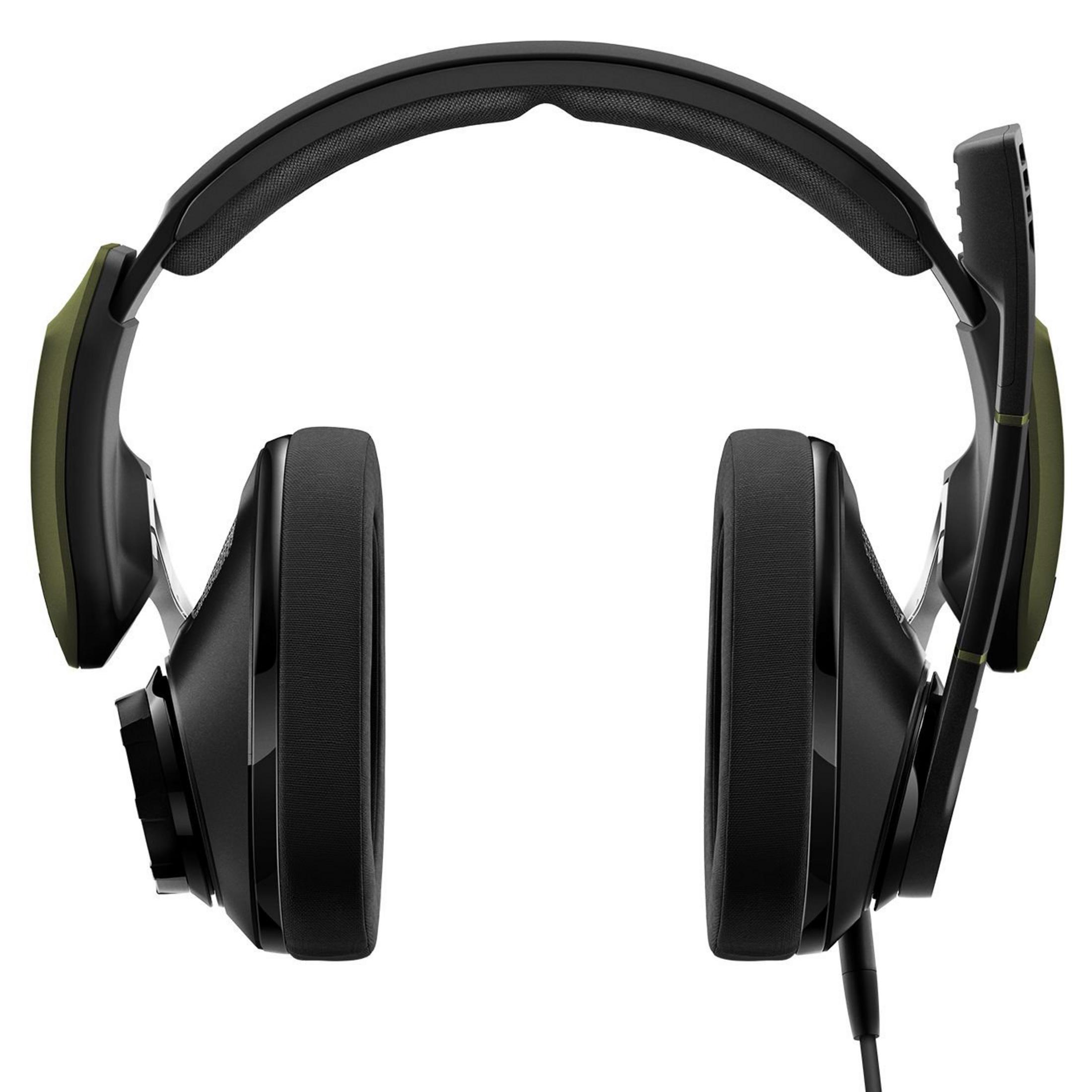 Auriculares gaming negros, con detalles verdes. Muestra orejeras, micrófono y diadema.
