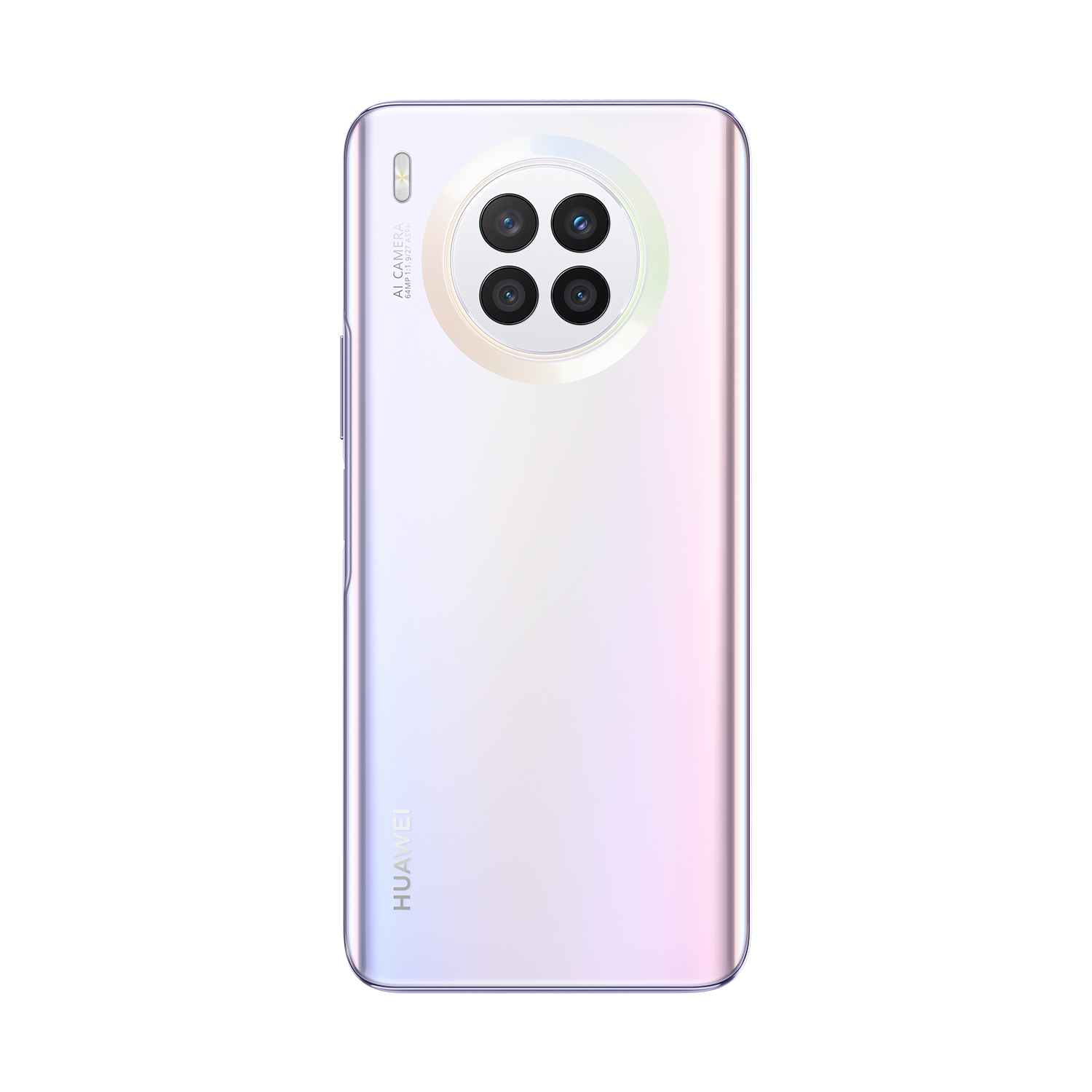 Rückseite eines lila-weißen Smartphones mit vier Kameras. Der Markenname 'HUAWEI' steht unten.