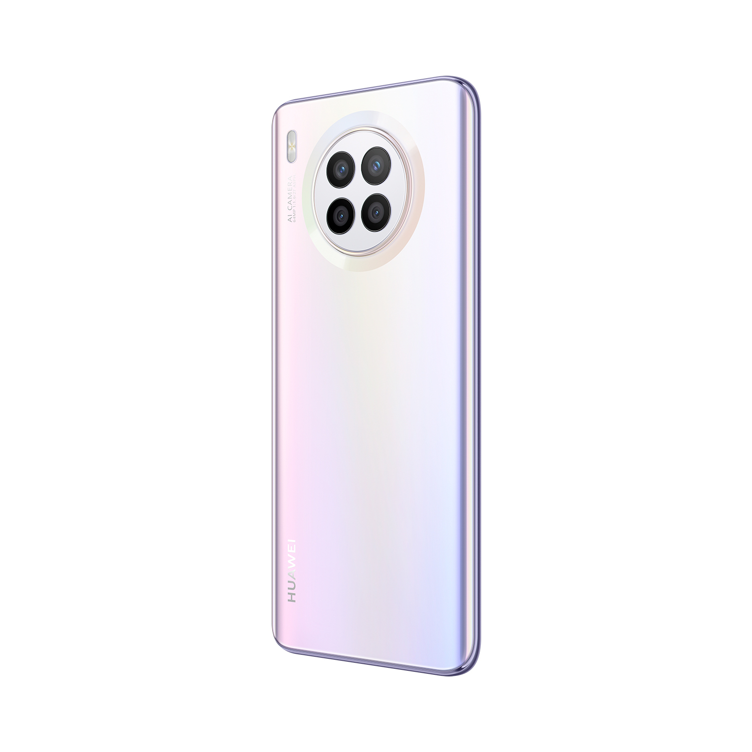 Rückseite eines weißen Smartphones mit mehreren Kameras. Huawei-Logo sichtbar.