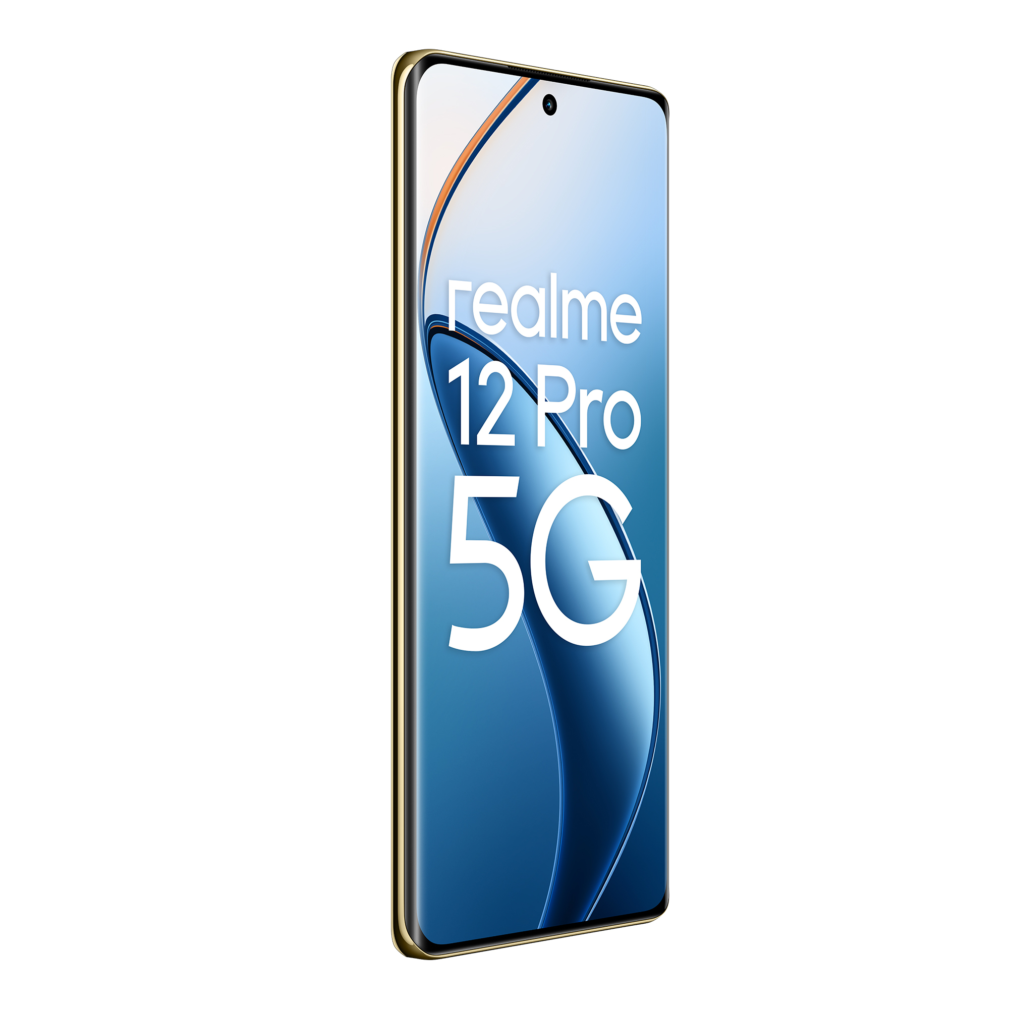 Smartfon z zakrzywionym ekranem, pokazujący logo Realme i tekst, na białym tle.
