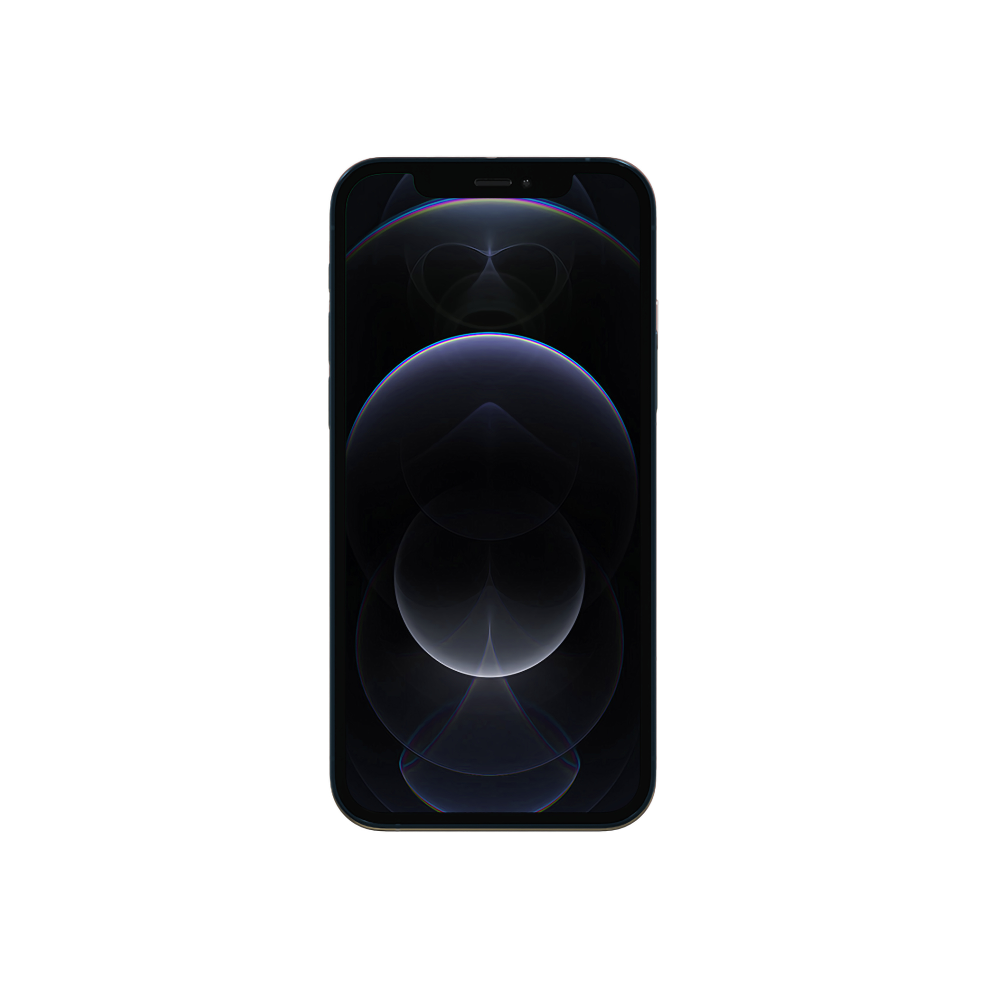 Vista frontale dell'iPhone. Display mostra immagine scura e riflettente con tre cerchi concentrici bianchi.