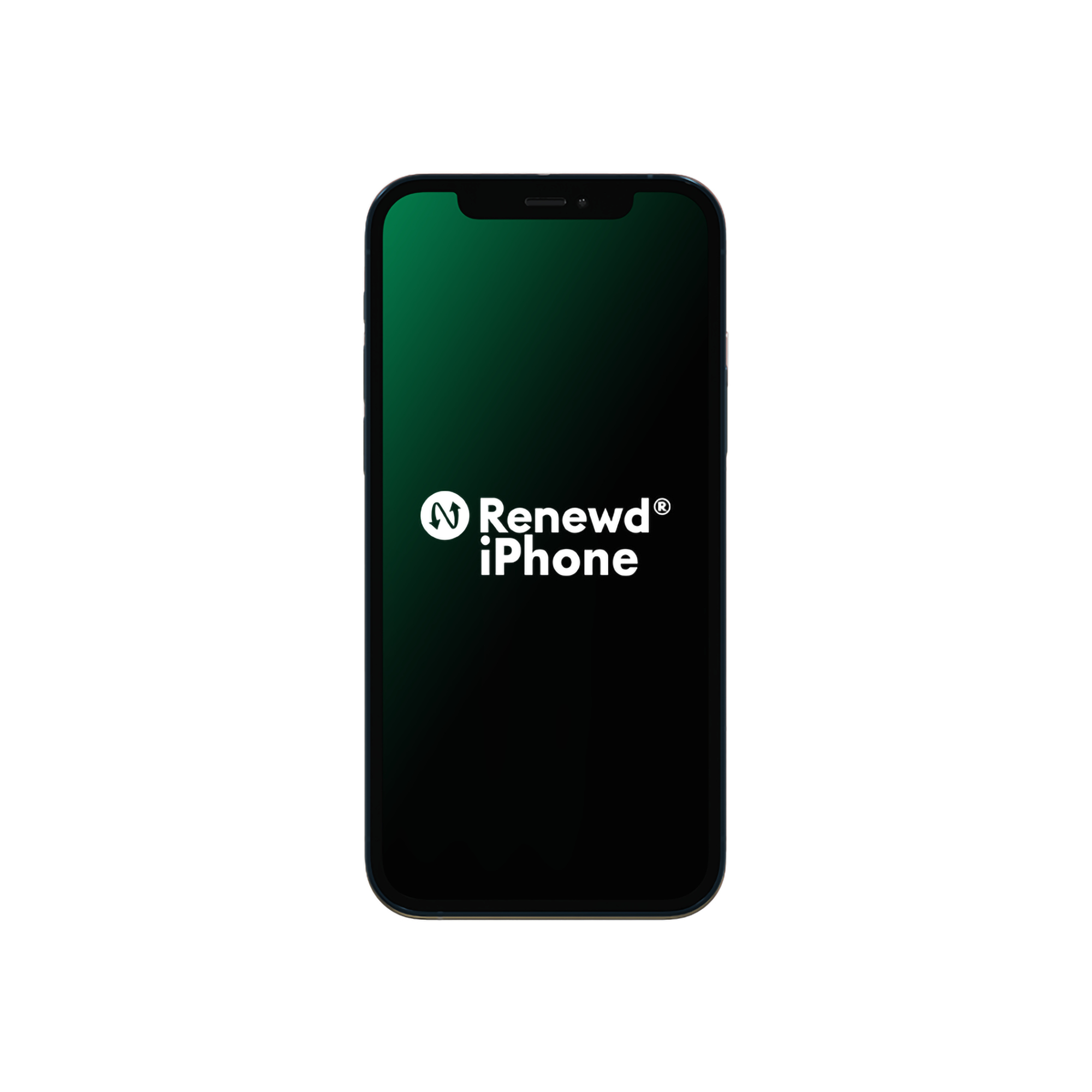 Vista frontale di un telefono nero con il logo Renewd iPhone su uno schermo verde.