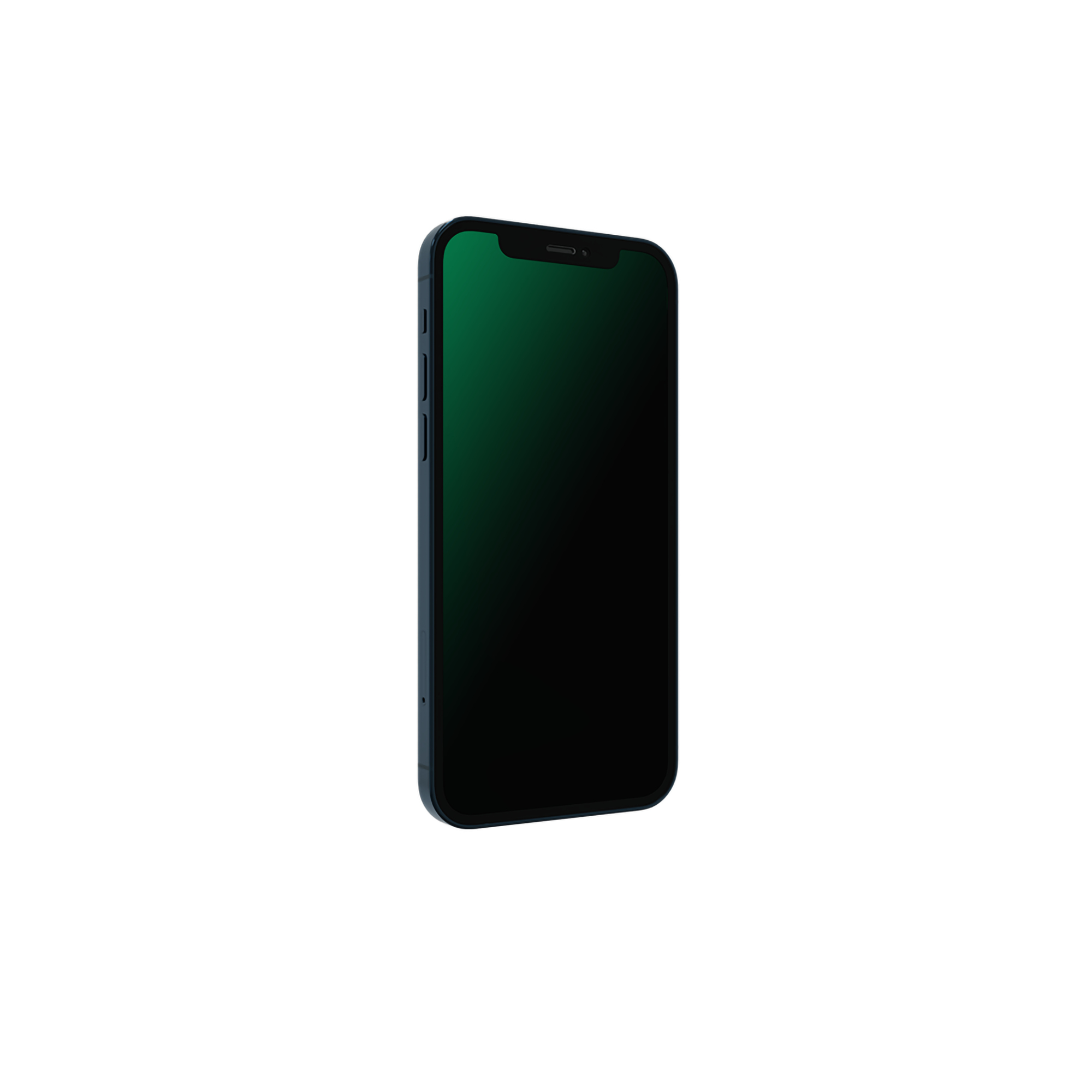 Un telefono verde scuro di profilo. Lo schermo è nero. Sfondo bianco.