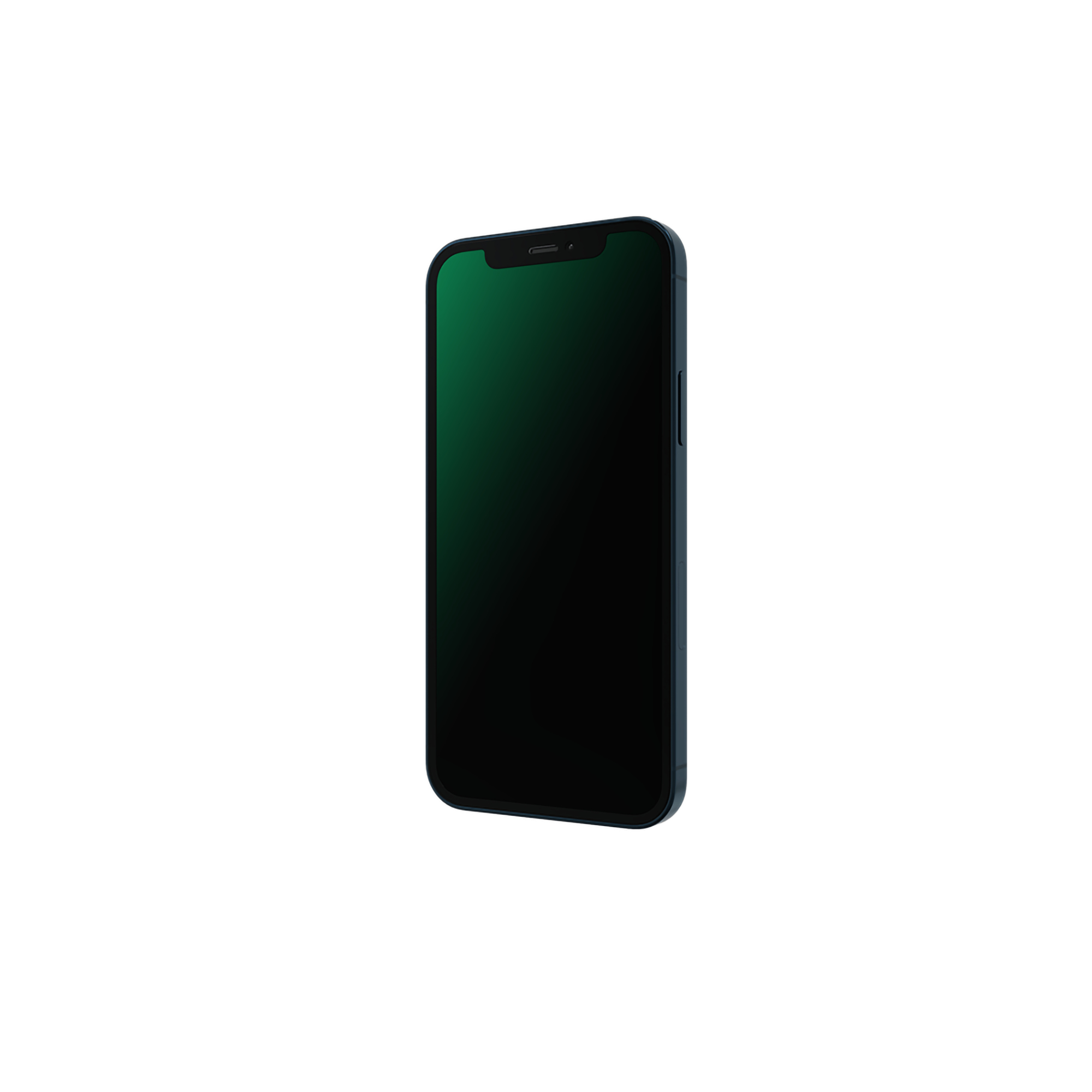 Smartphone nero con schermo verde, vista angolata. Sfondo bianco.