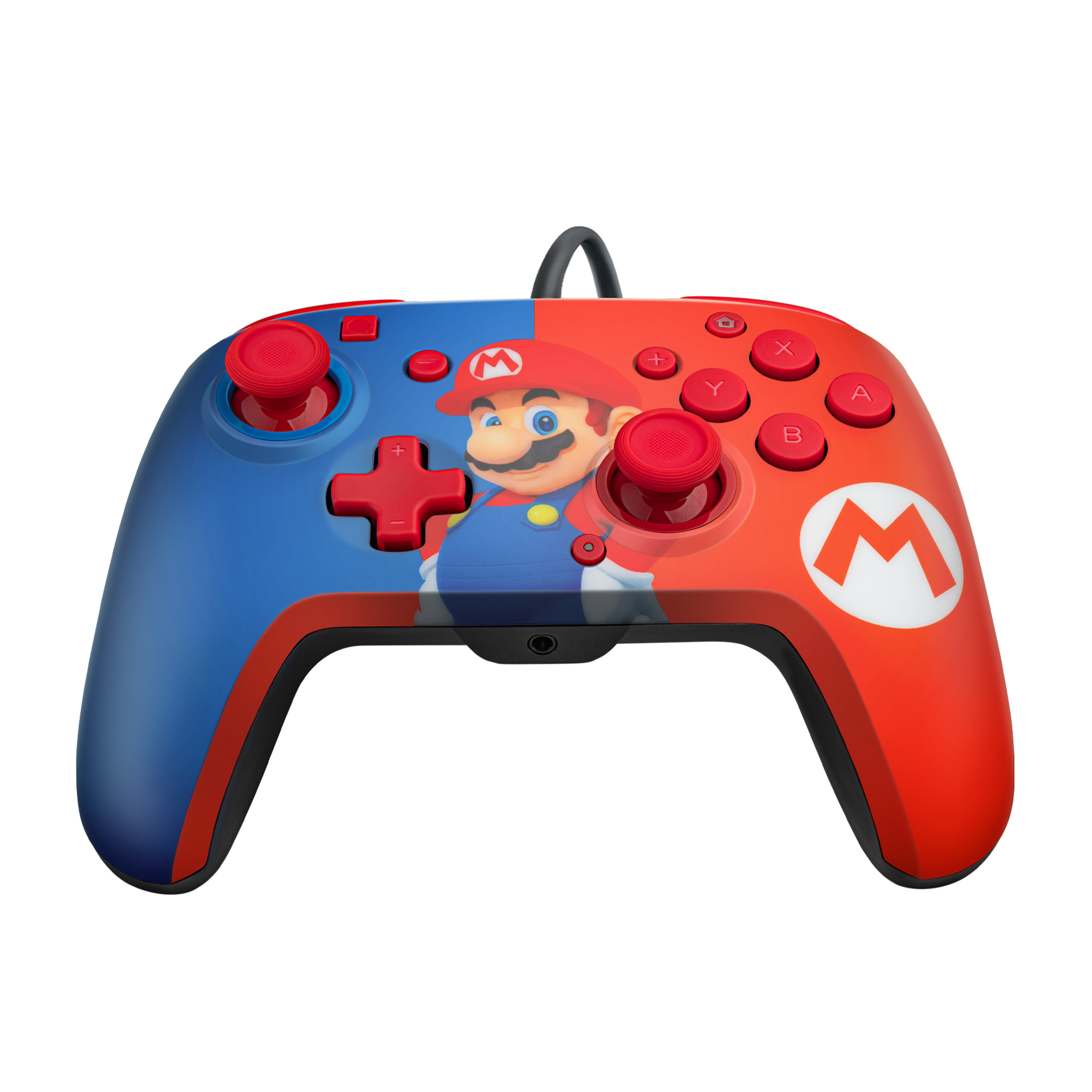 Controller di gioco a tema Mario, design blu e rosso con immagine di Mario.
