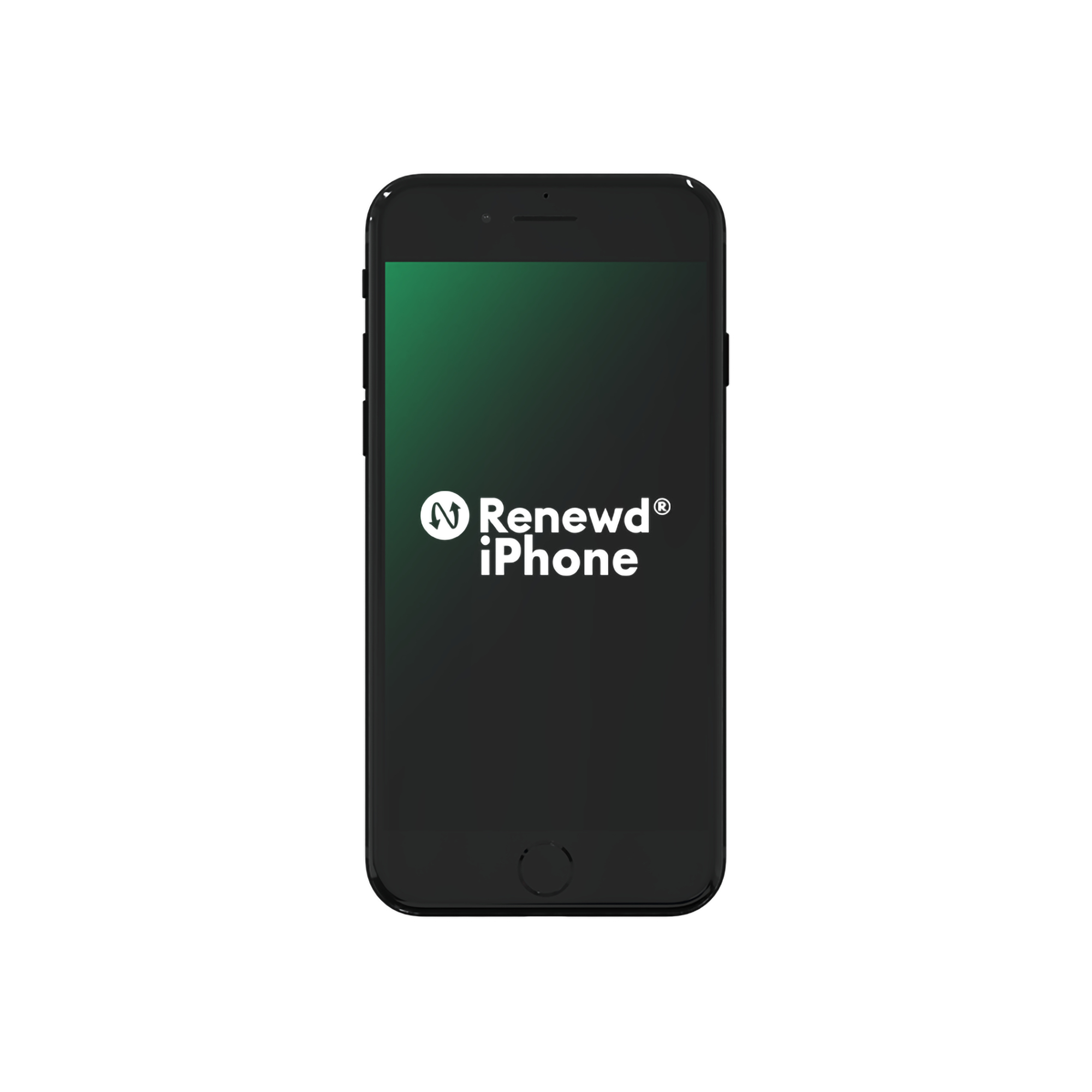 Un iPhone nero con il logo Renewd iPhone sullo schermo.