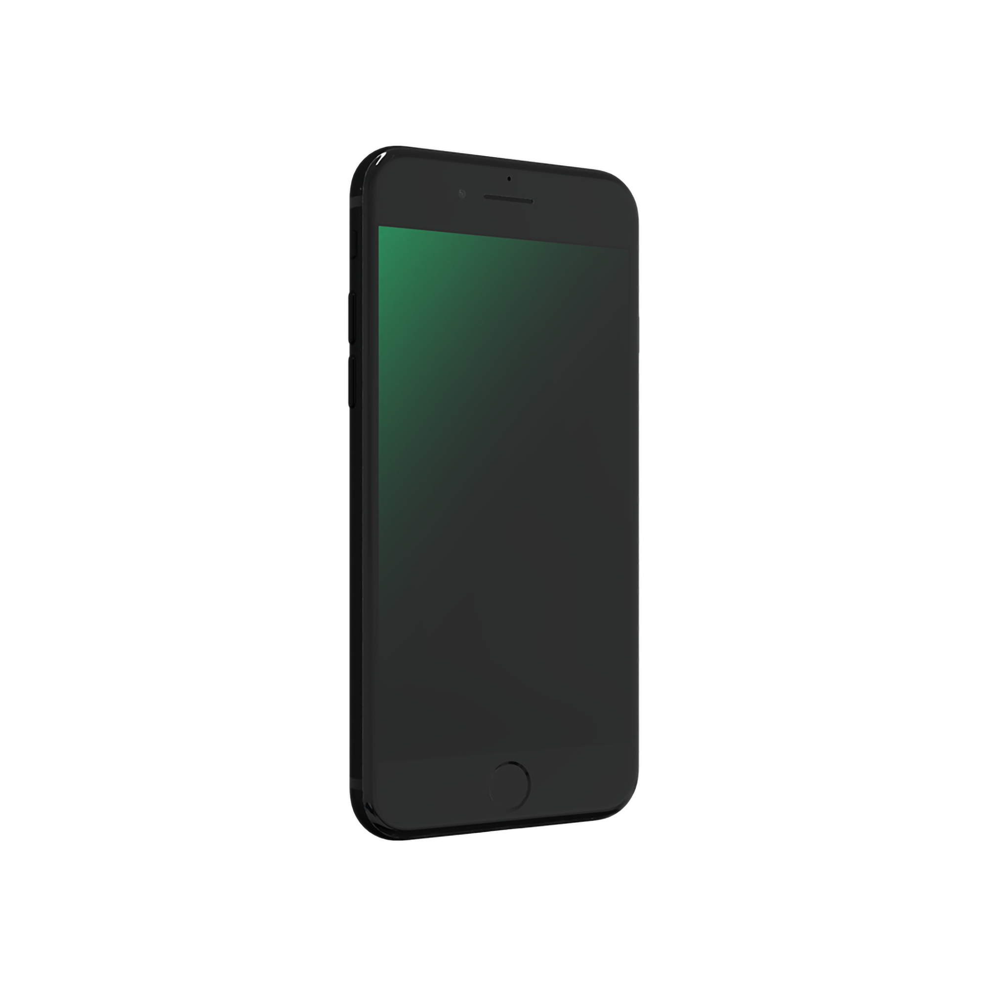 Un iPhone nero con schermo verde, ruotato di lato, su sfondo bianco.