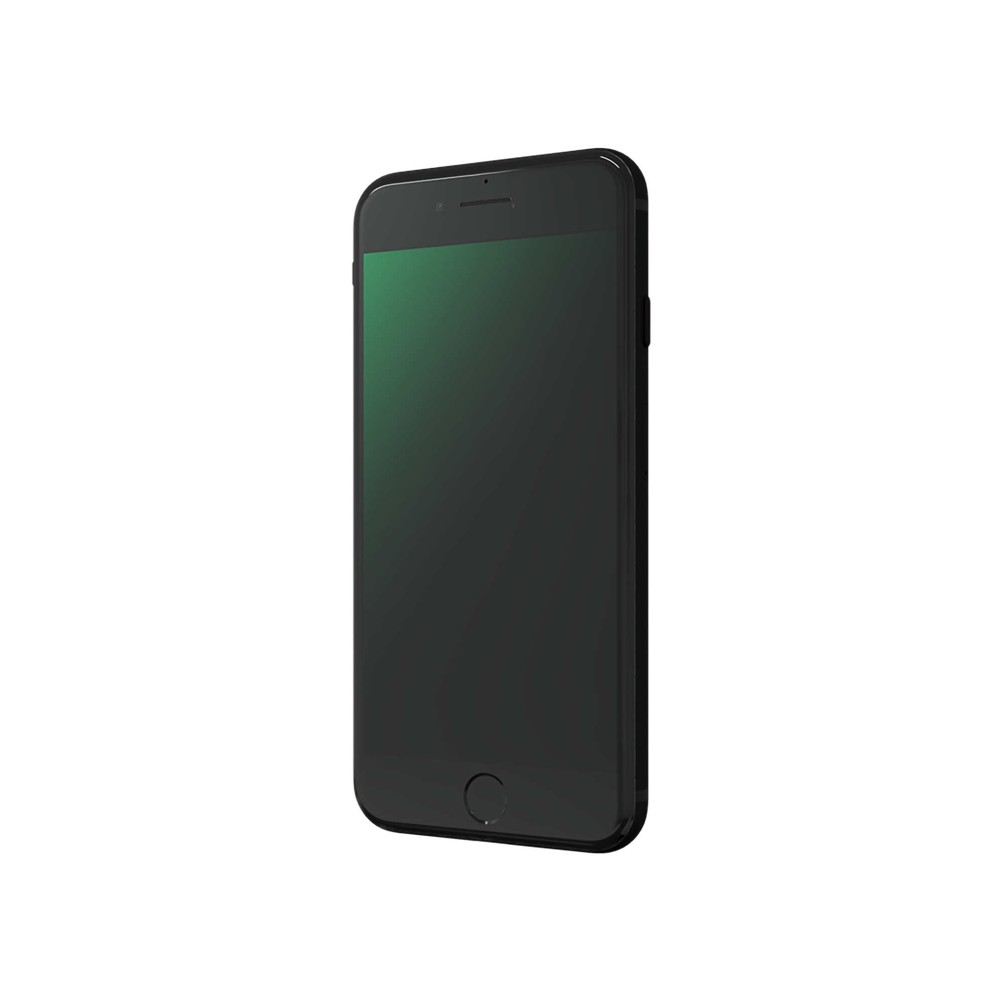 Smartphone nero con schermo verde, vista laterale, isolato su sfondo bianco.