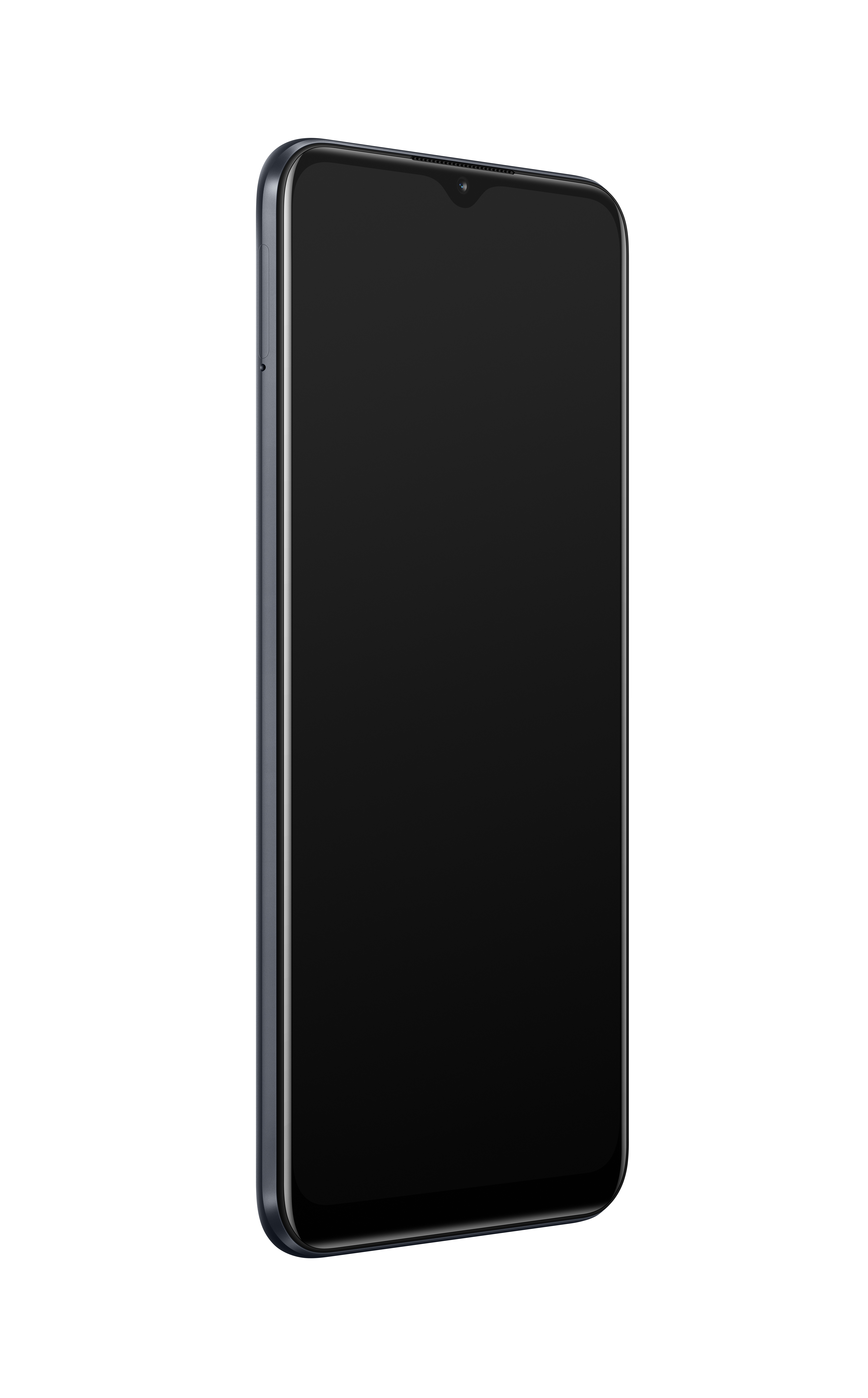 Czarny telefon z ciemnym ekranem przechylony na bok, białe tło.