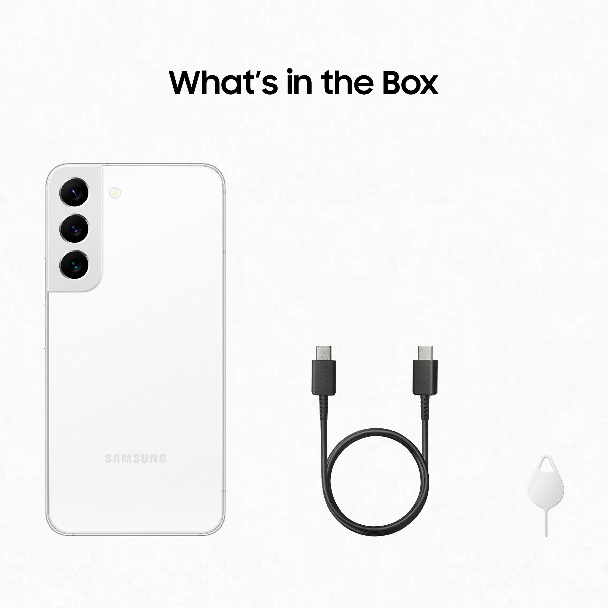 Biały telefon, kabel ładujący i narzędzie do wysuwania karty SIM na białym tle. Tekst: Co jest w pudełku.