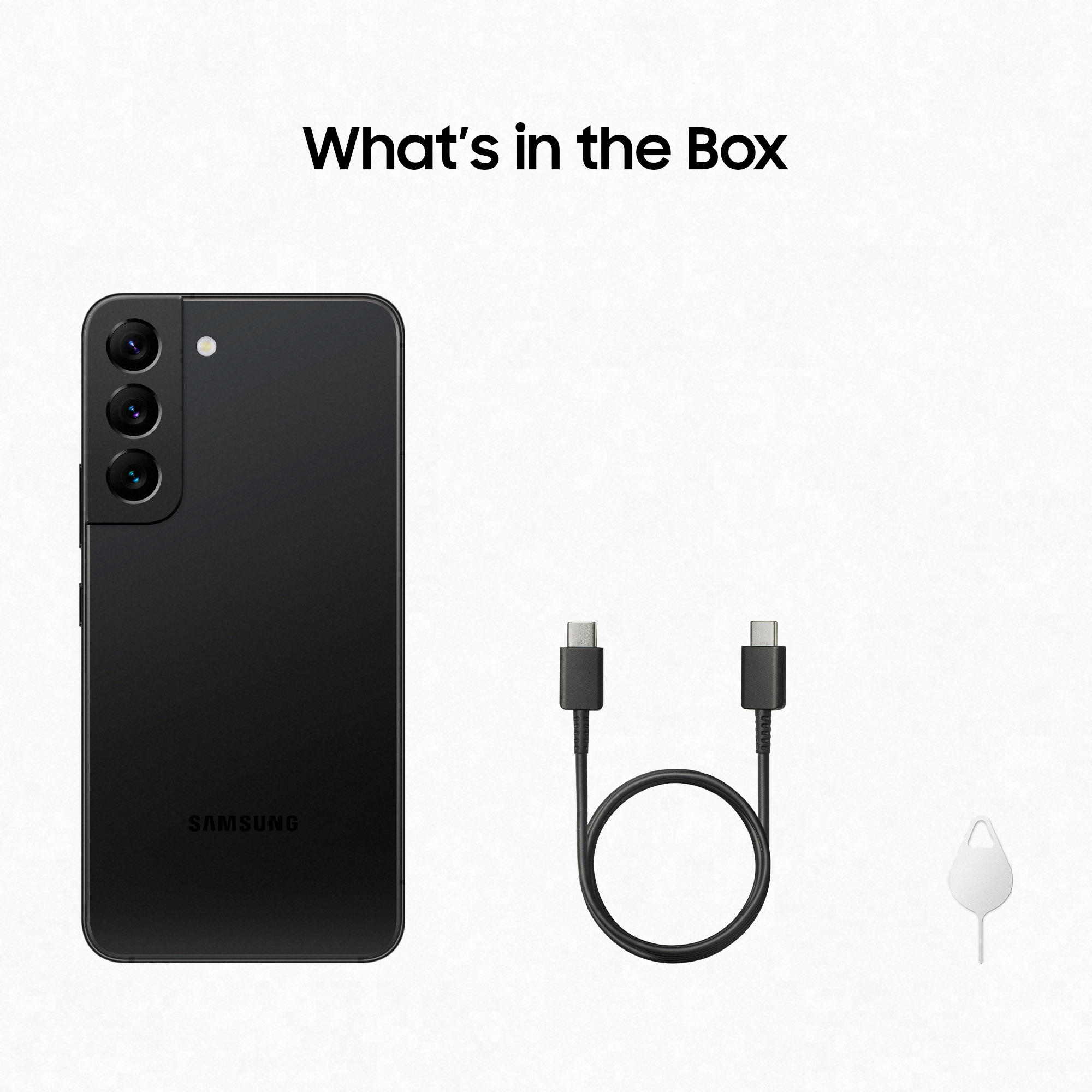 Tekst Co jest w pudełku, czarny telefon Samsung, kabel do ładowania i narzędzie do karty SIM.