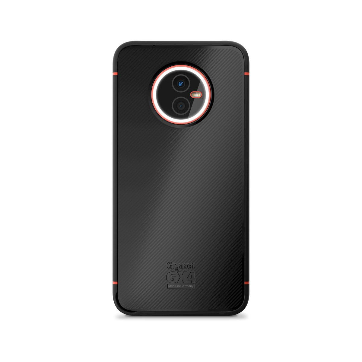 Czarny telefon Gigaset GX4, widok z tyłu. Moduł aparatu z czerwonym pierścieniem i teksturowanym tyłem.