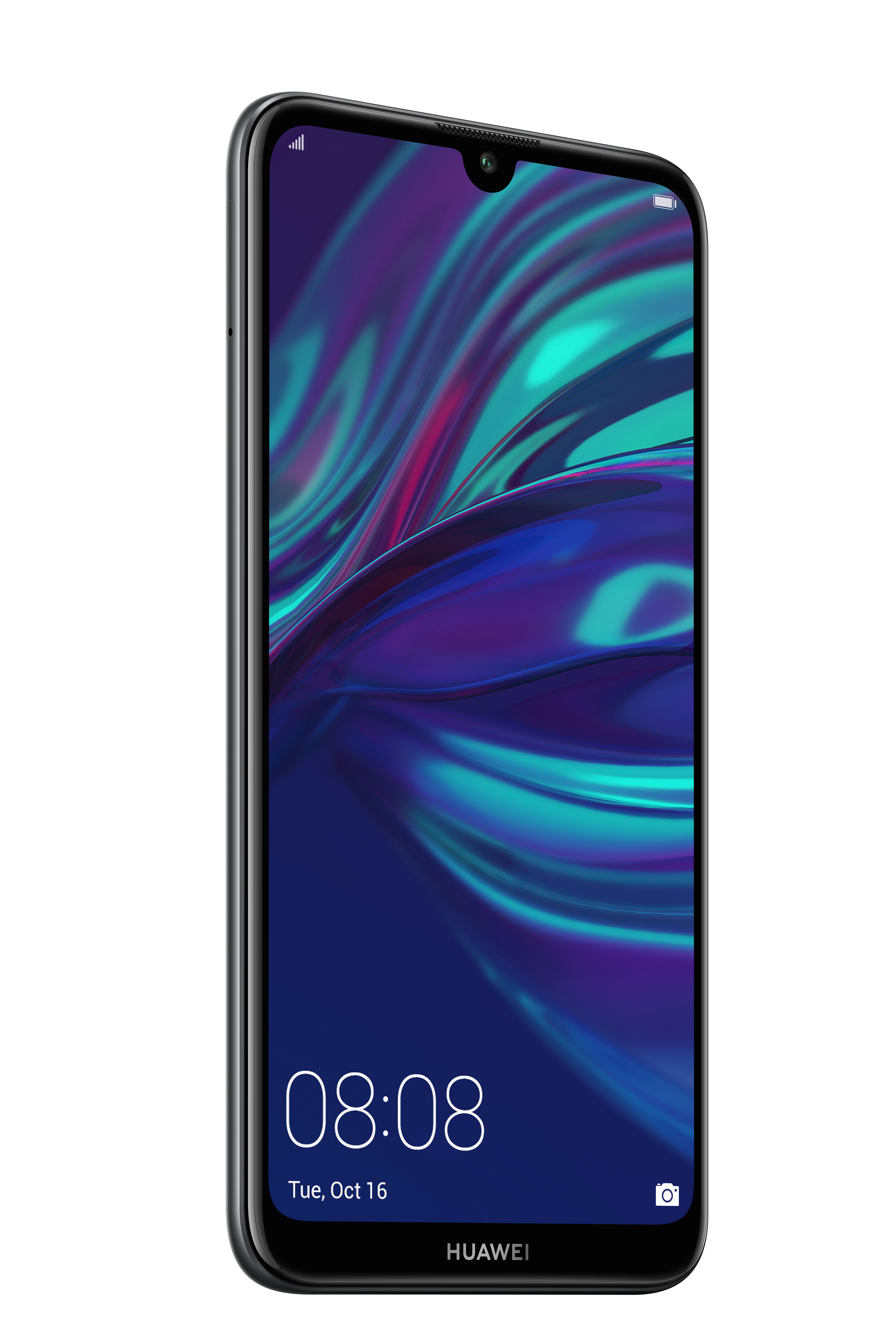 Smartphone negro con pantalla colorida. Pantalla muestra reloj y fecha sobre fondo oscuro.