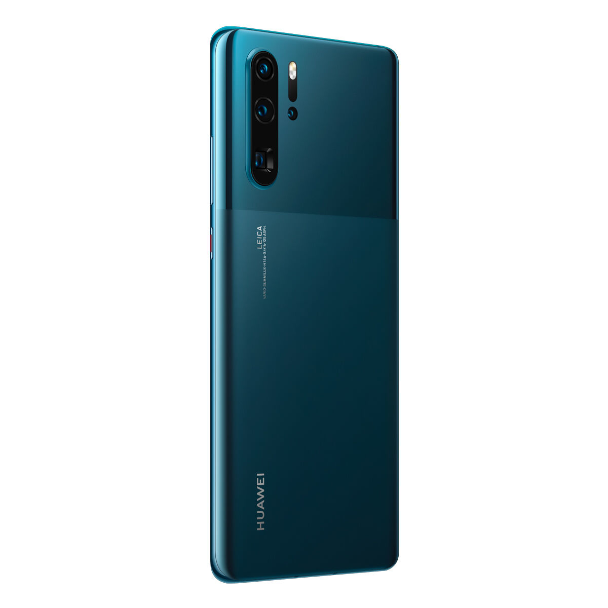 Turkusowy telefon Huawei z trzema aparatami i logo Leica.