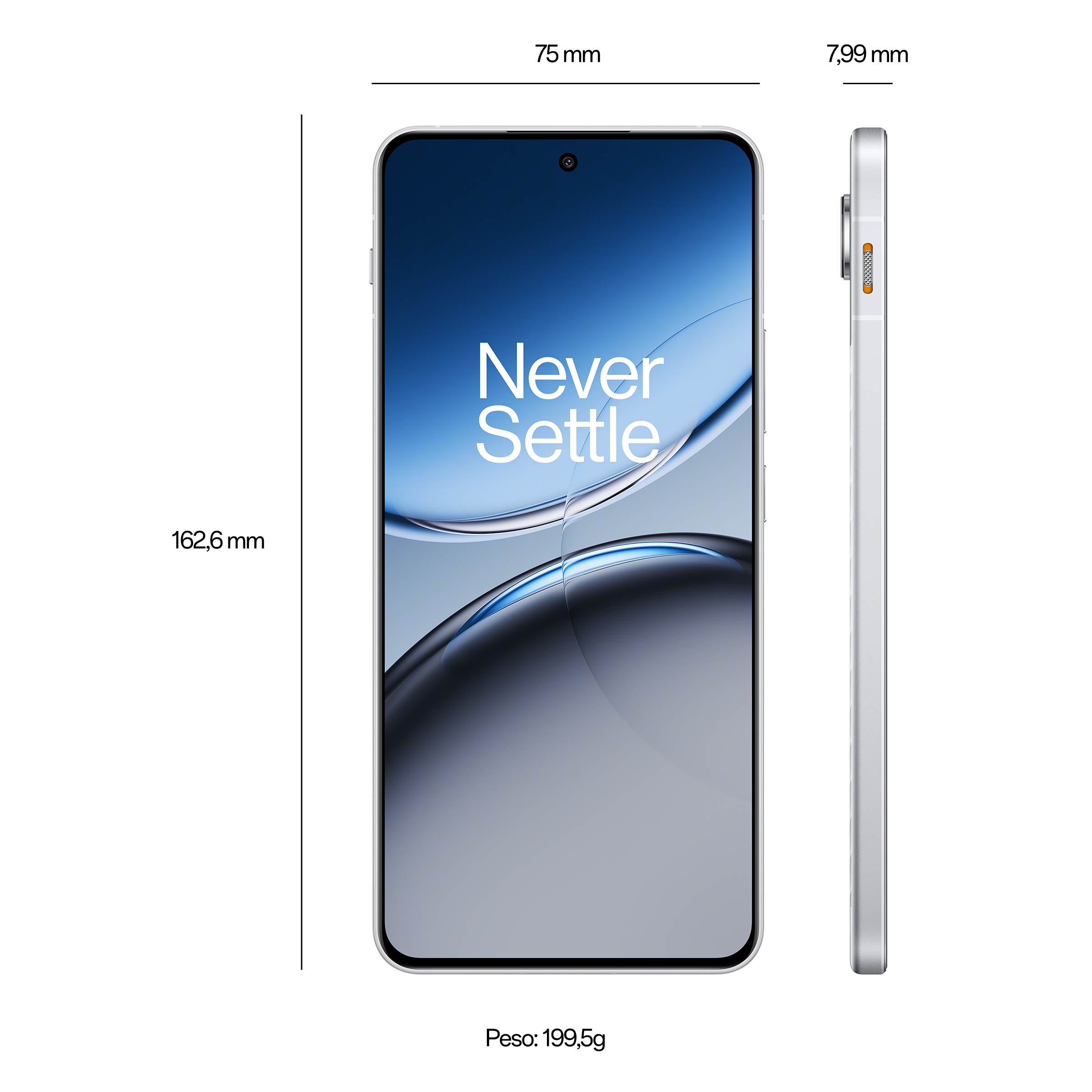 Zilveren telefoon met een wit scherm en afmetingen. De telefoon heeft een camera en een zijaanzicht.