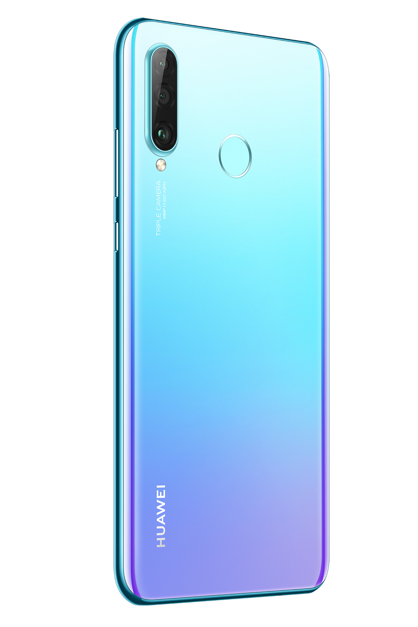 Niebiesko-fioletowy gradientowy telefon. Tył ma potrójny aparat i logo Huawei. Białe tło.