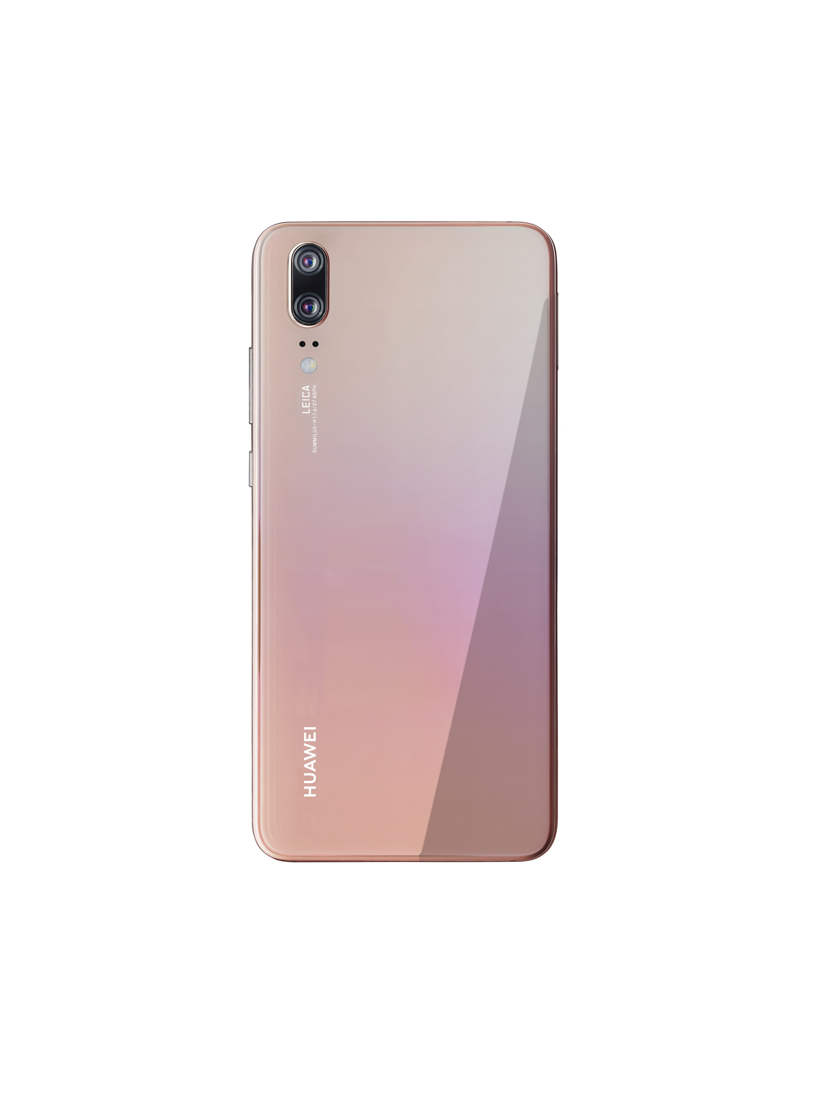 Rückseite eines pinkfarbenen Smartphones. Dual-Kamera, Leica-Logo. Huawei-Logo. Farbverlauf von Pink zu Gold.