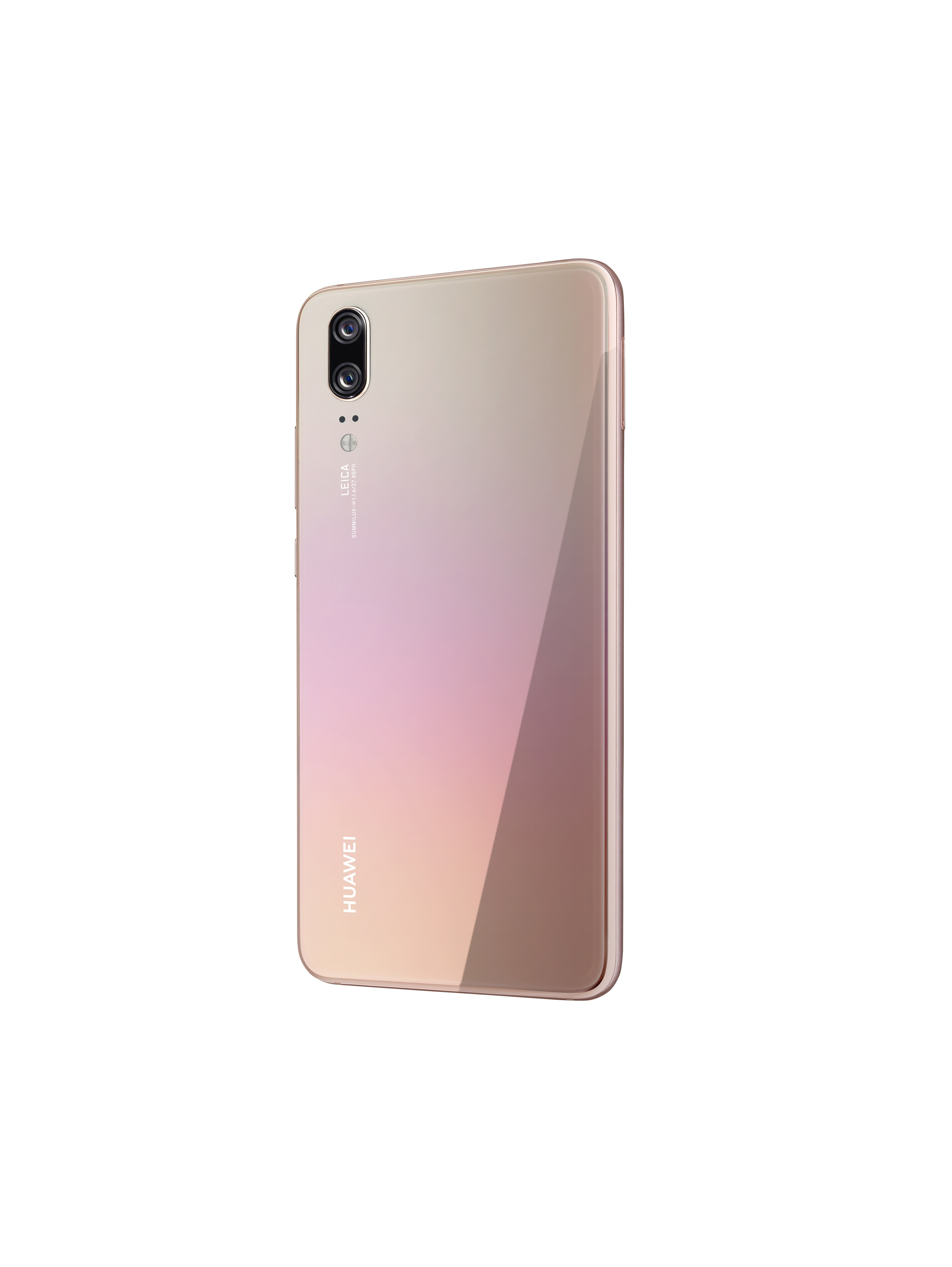 Pinkfarbenes und goldenes Huawei-Smartphone, abgewinkelt, zeigt die Rückseite mit Farbverlauf und Dreifachkamera.