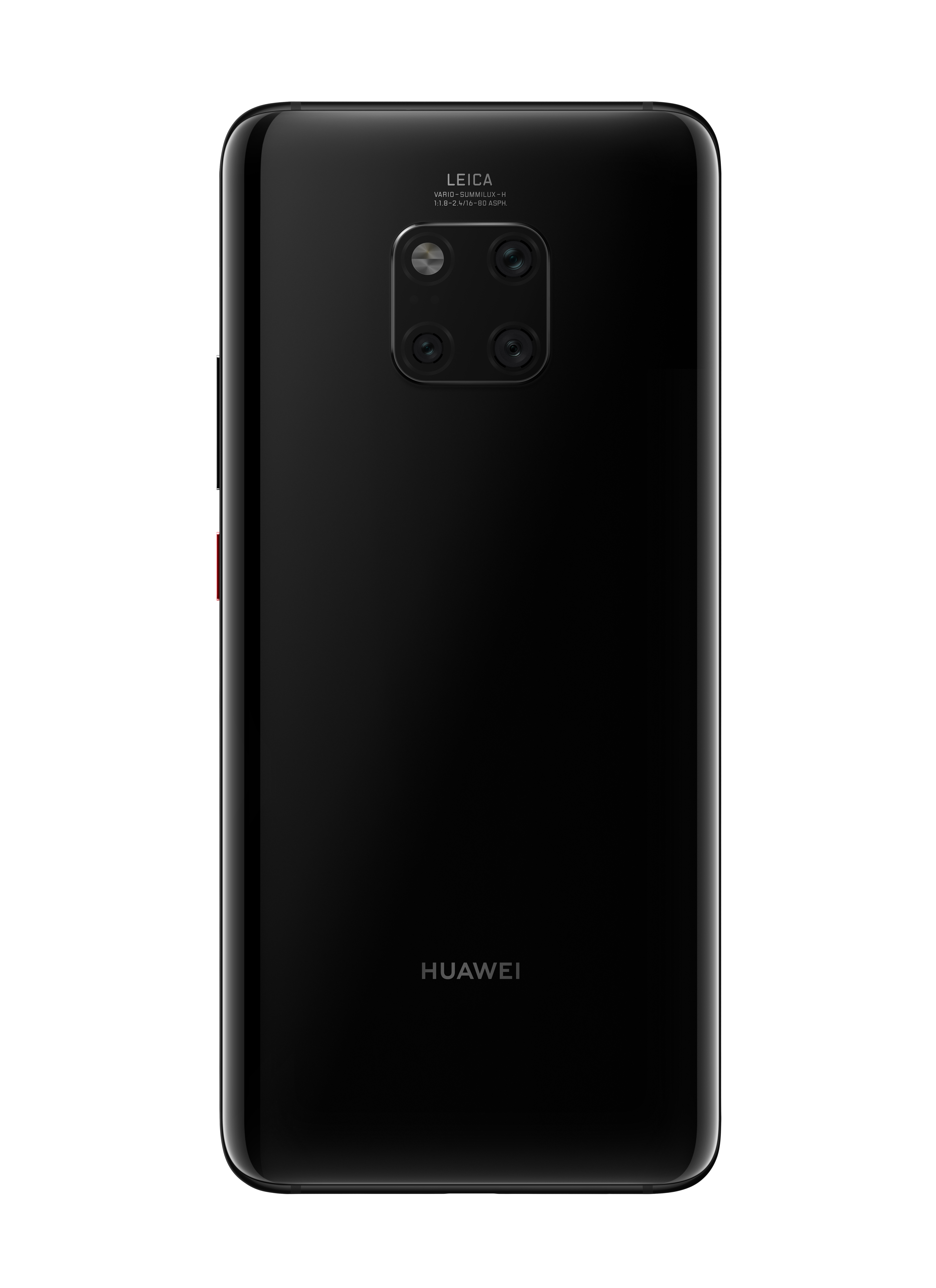 Schwarze Smartphone-Rückseite mit Kameramodul und Huawei-Logo. Auf weißem Hintergrund.