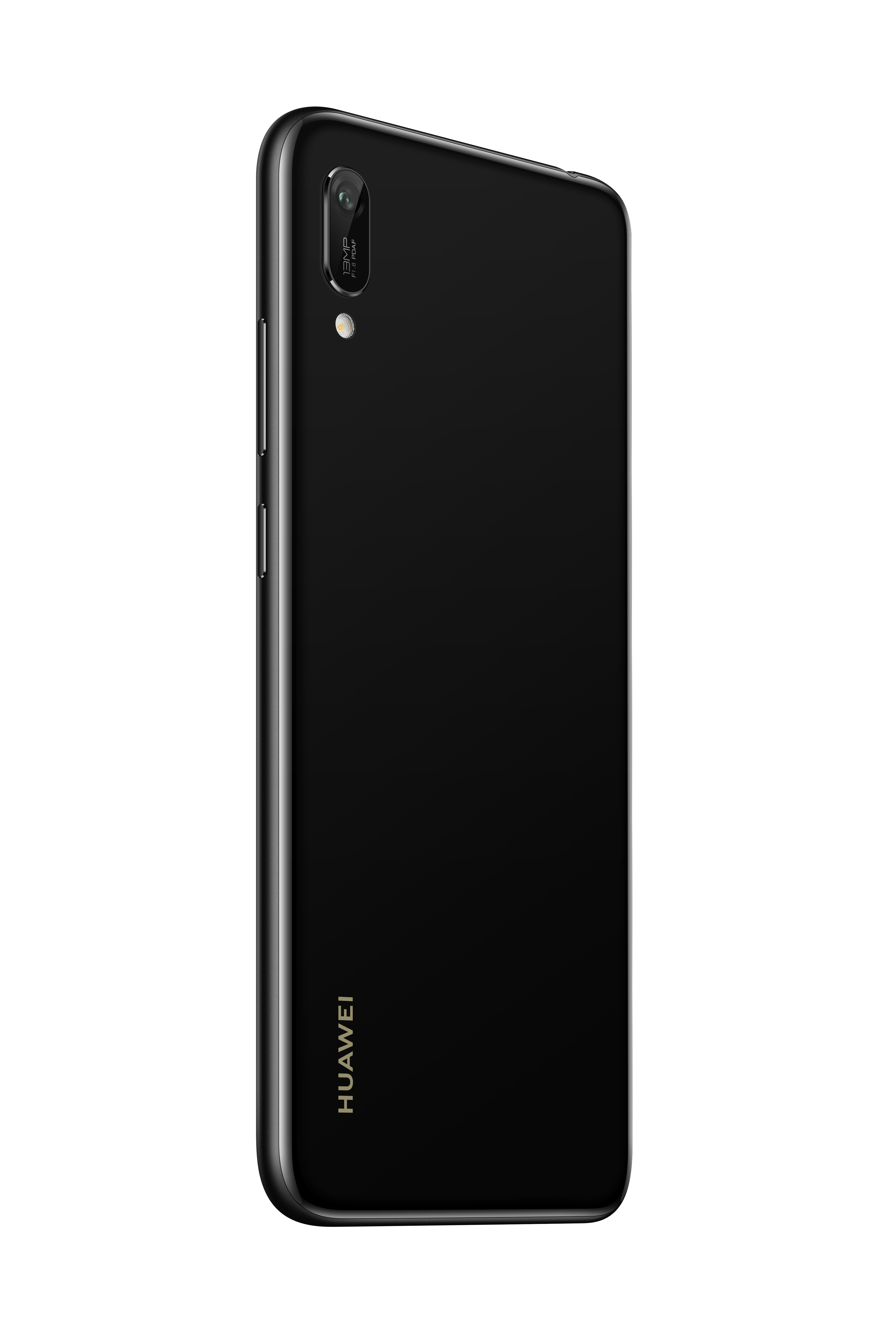 Schwarzes Telefon Seitenansicht, Kamera oben, Huawei-Logo unten.