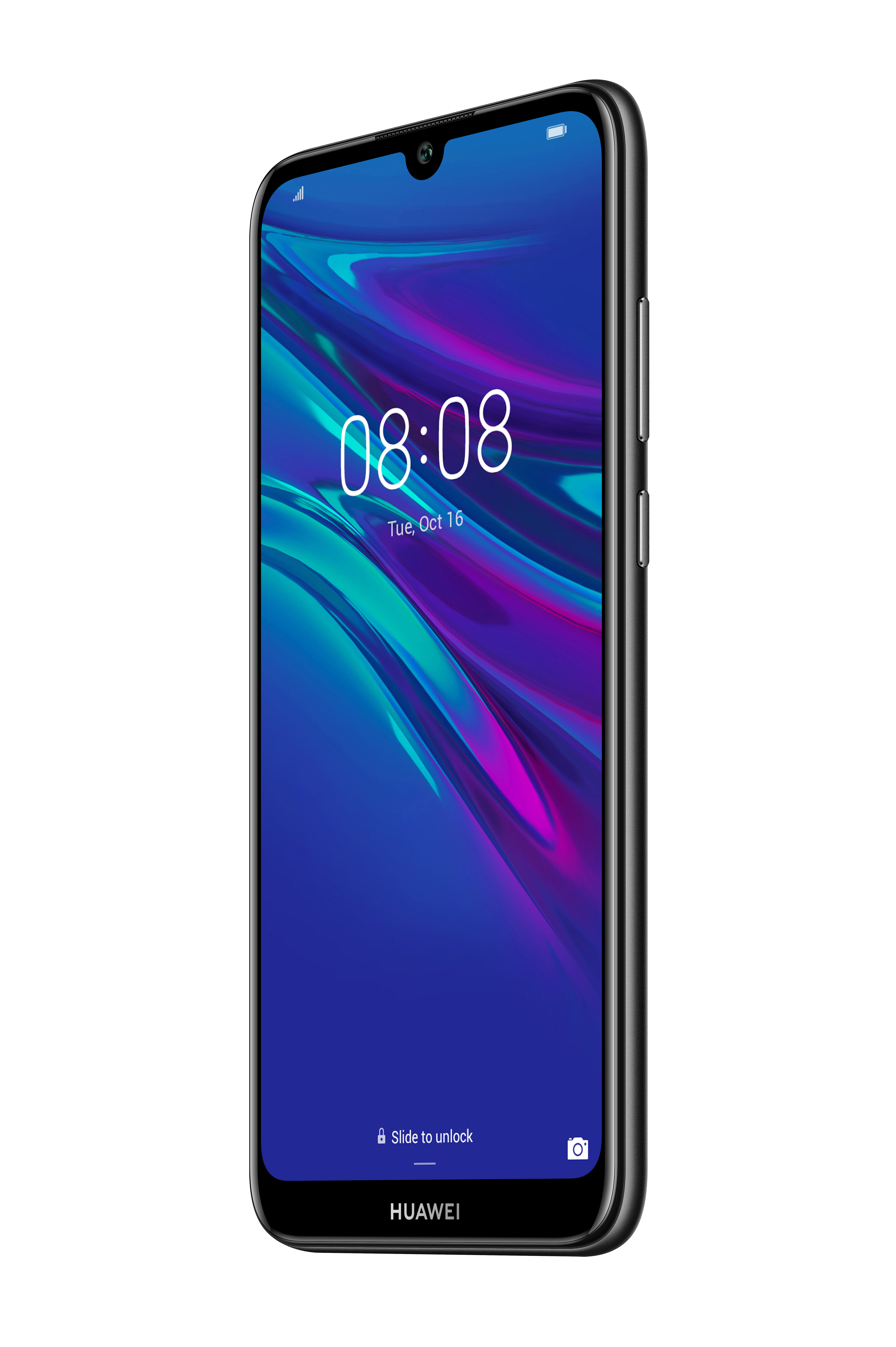 Schwarzes Smartphone, zeigt Uhrzeit und Datum. Weißer Hintergrund.