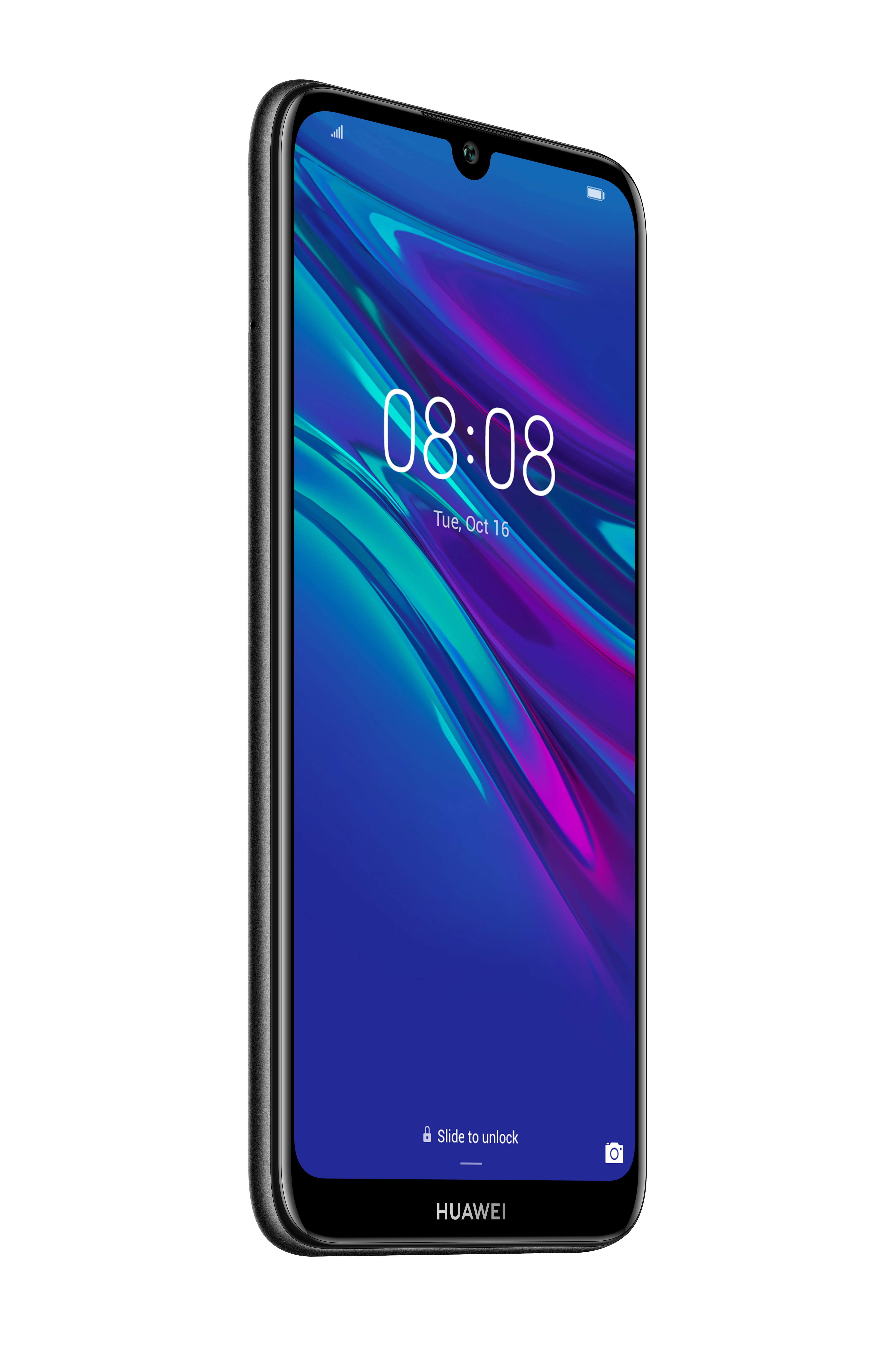 Schwarzes Smartphone mit blauem Bildschirm, der die Uhrzeit anzeigt. Das Telefon wird von der Seite betrachtet.