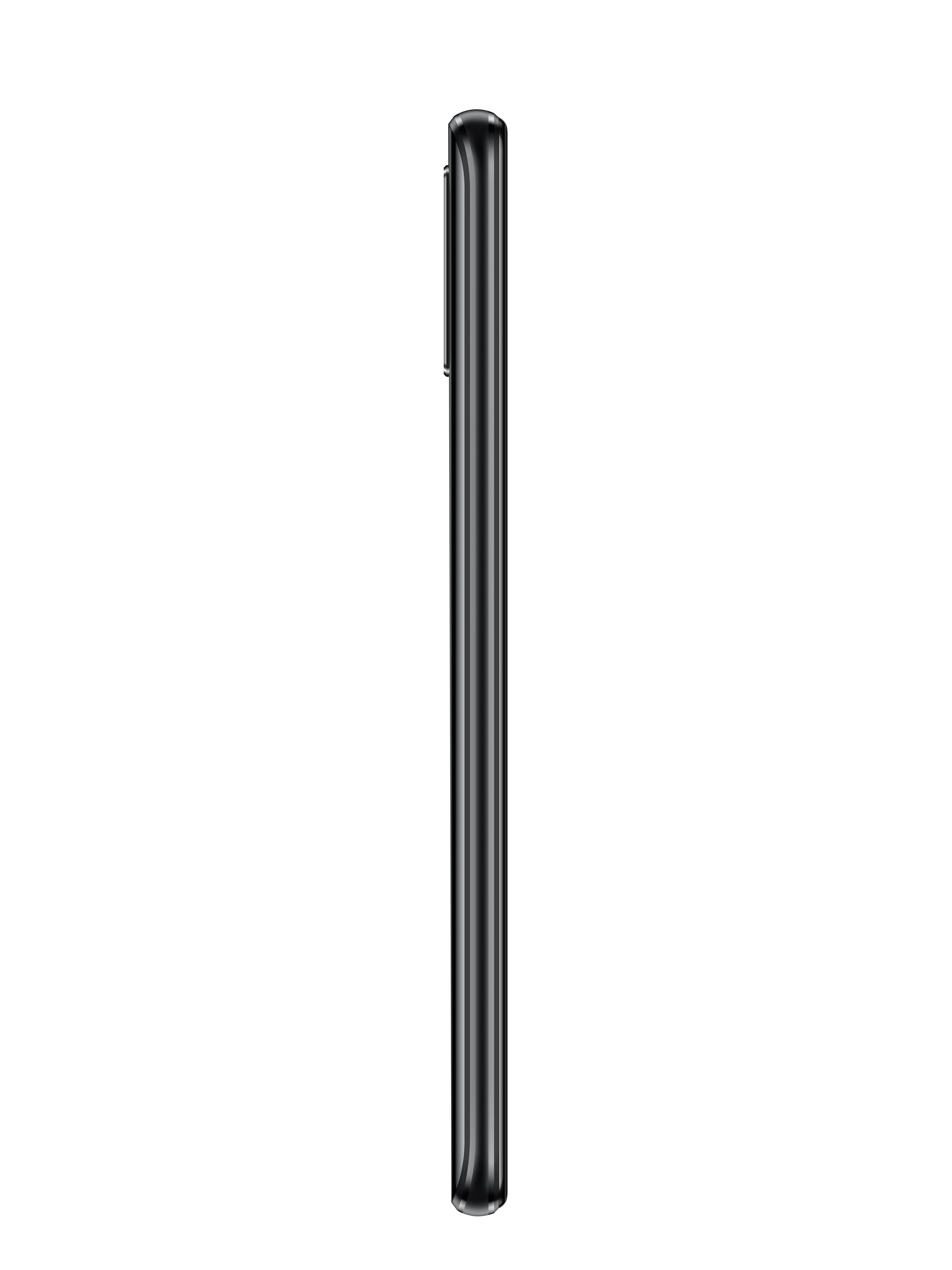 Een zwarte smartphone, van de zijkant gezien, met een slank, dun profiel.