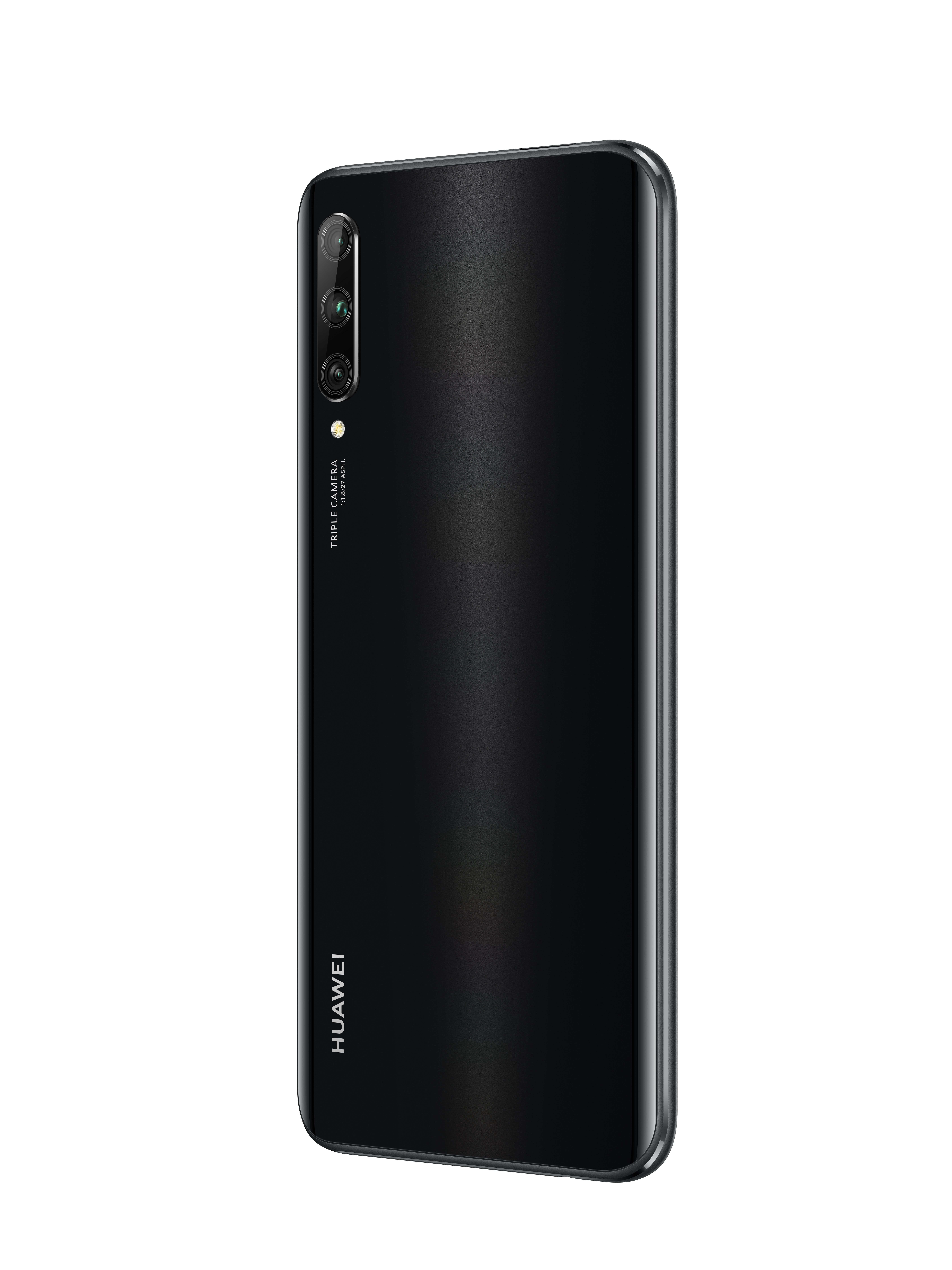 Zwarte telefoon achterkant, drievoudige camera en Huawei logo onderaan.