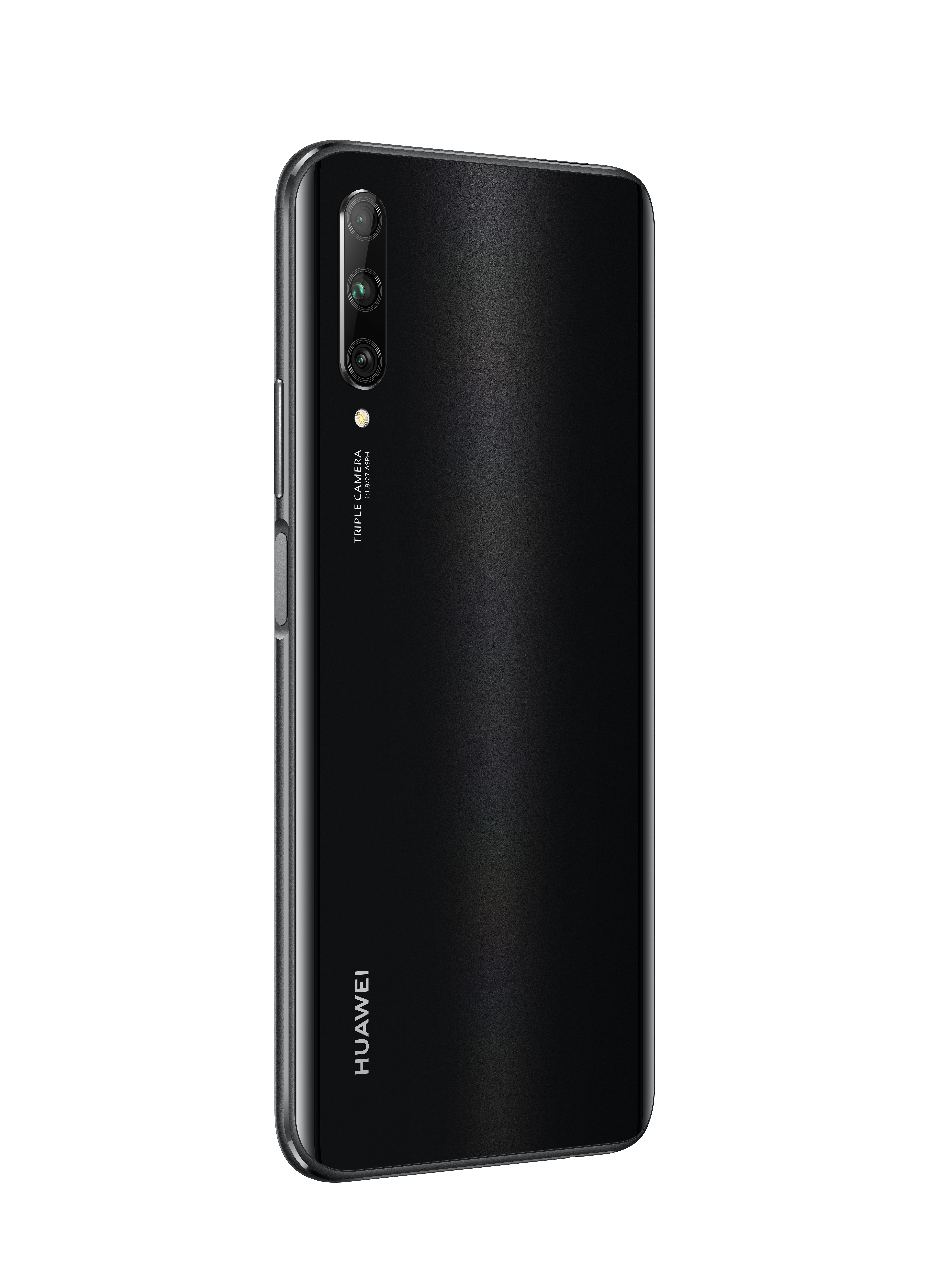 Zwarte smartphone achterkant met drievoudige camera, witte achtergrond.