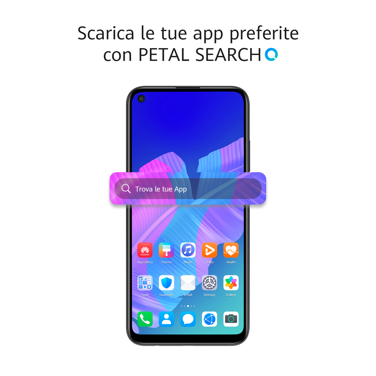 Ein Smartphone zeigt einen App-Download-Bildschirm mit Suchleiste. Text: 'Finde deine Apps'.
