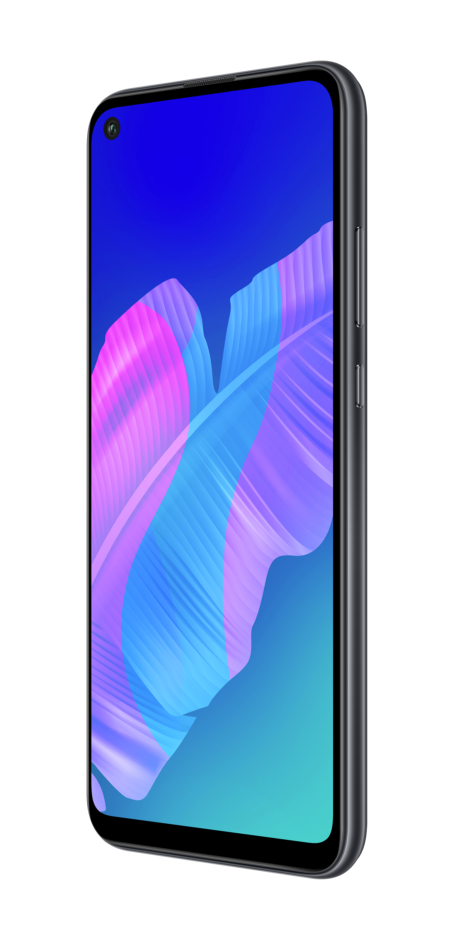 Schwarzes Smartphone mit farbenfrohem Bildschirm. Es zeigt einen blau-lila-rosa Farbverlauf.