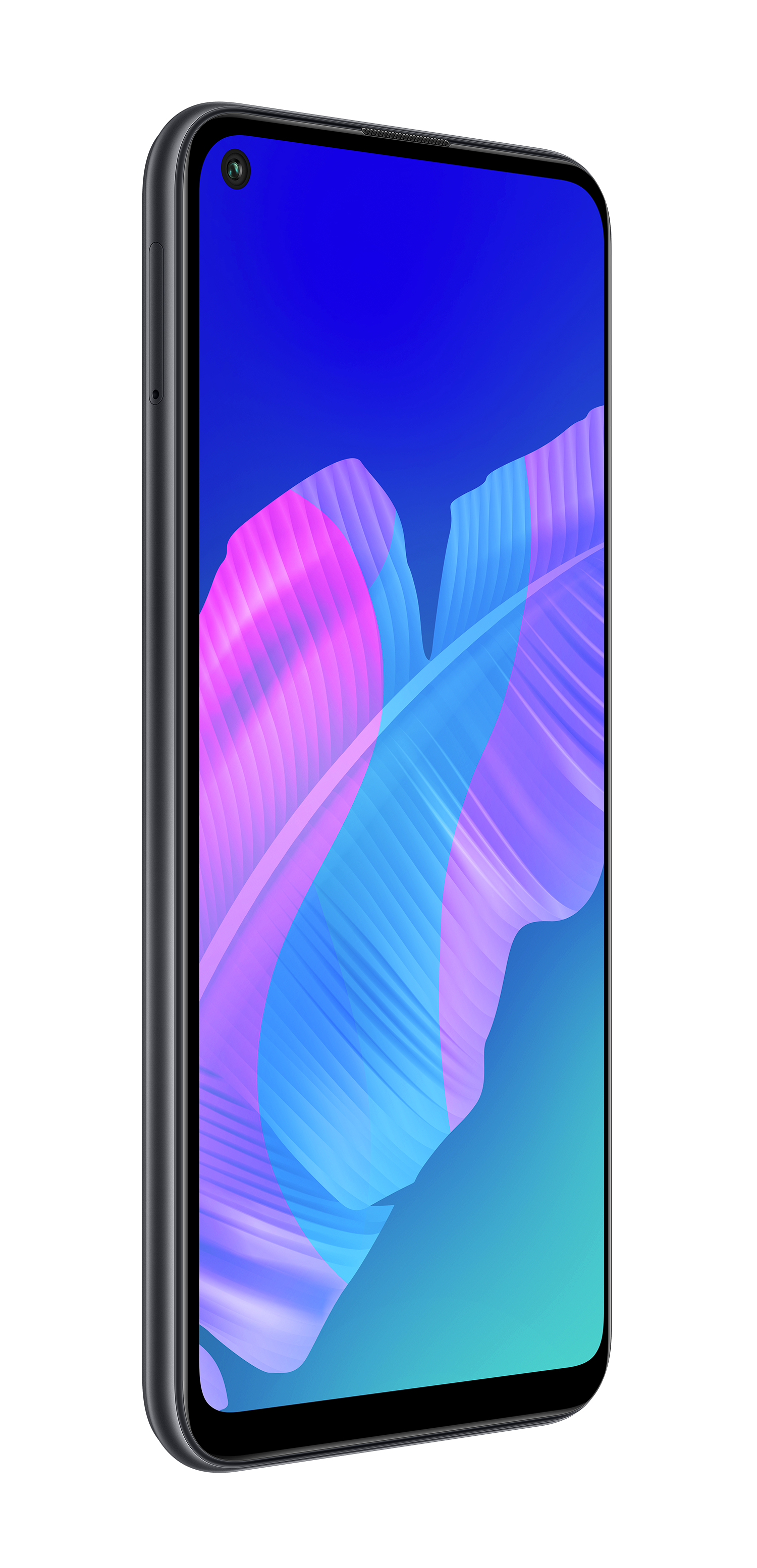 Ein schwarzes Smartphone mit blau-lila Bildschirm. Es hat ein schlankes Design.