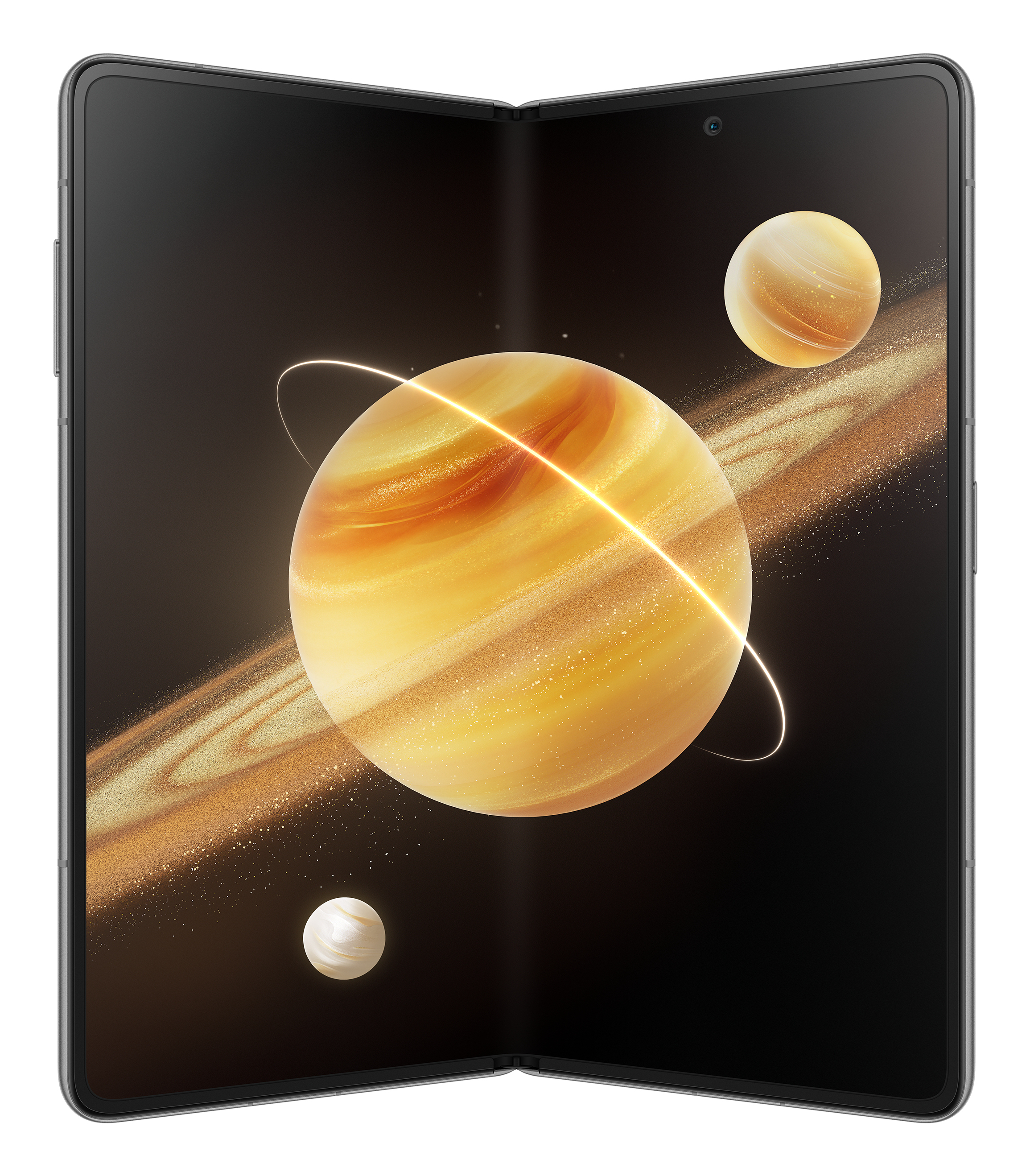 Składany tablet z obrazem planety wyświetlanym na wewnętrznych ekranach.