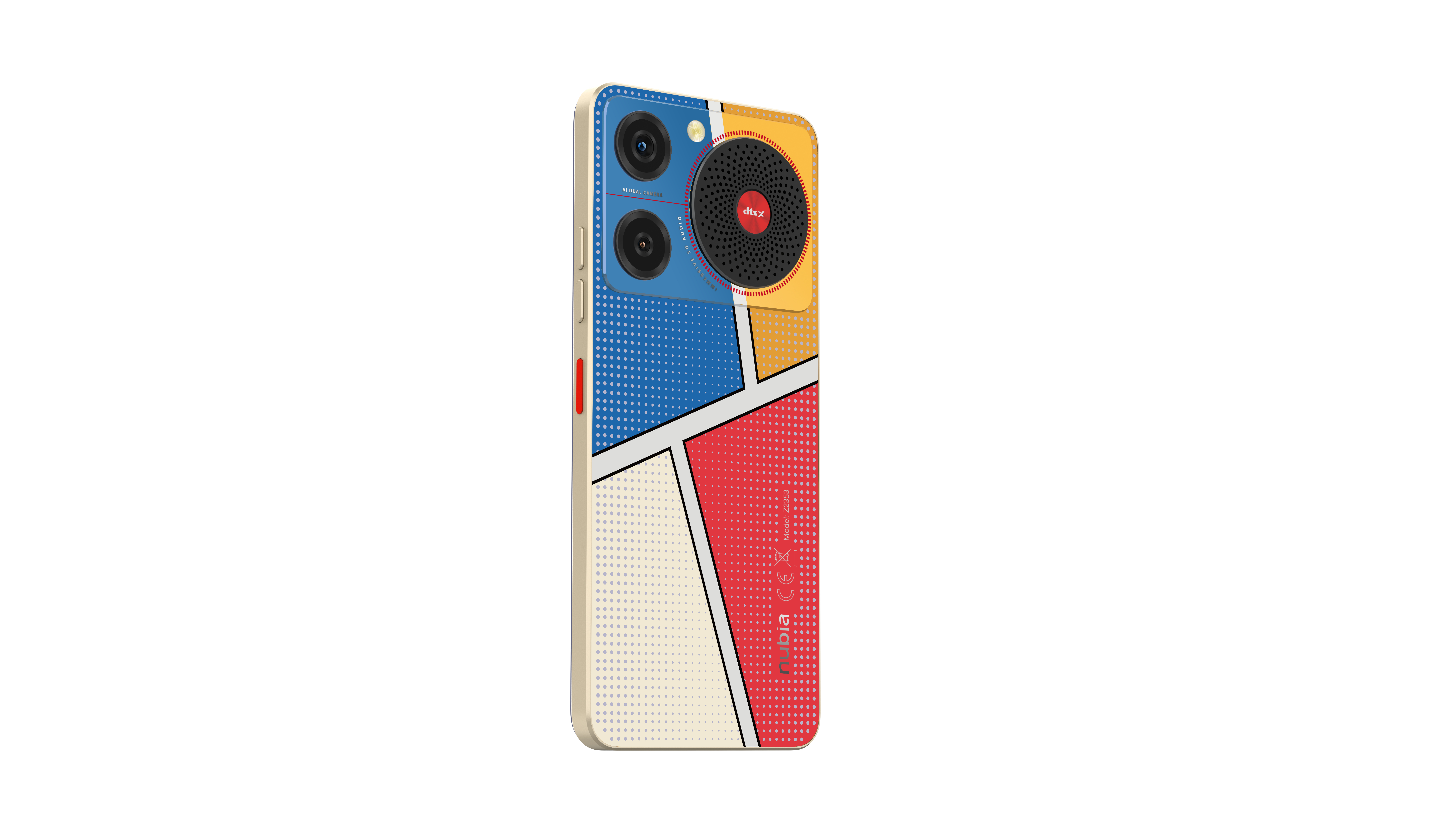 Smartphone con retro colorato. Ha un cerchio giallo attorno alle lenti e un quadrato rosso.