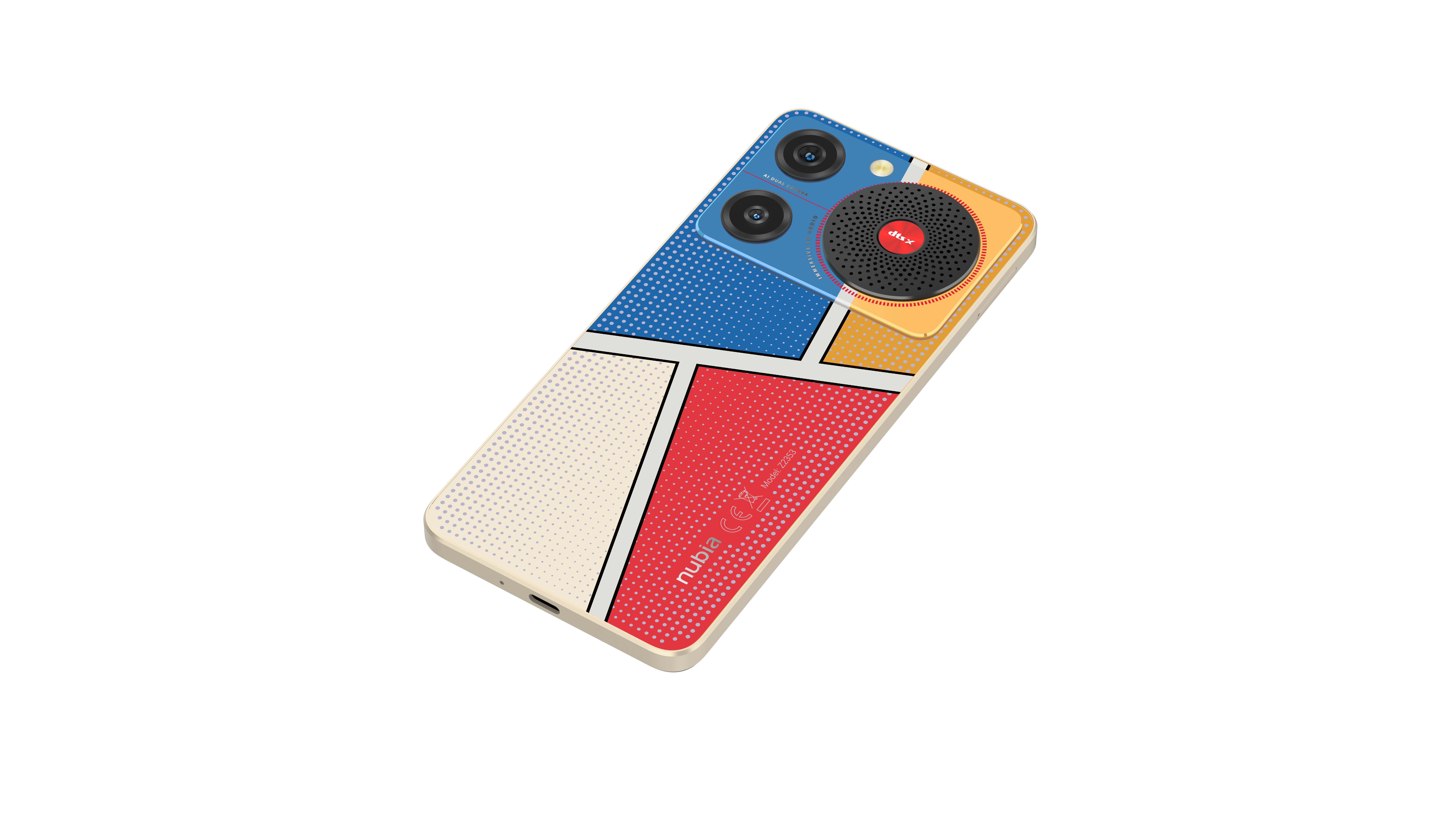 Retro del telefono, design colorato, più fotocamere e altoparlante.