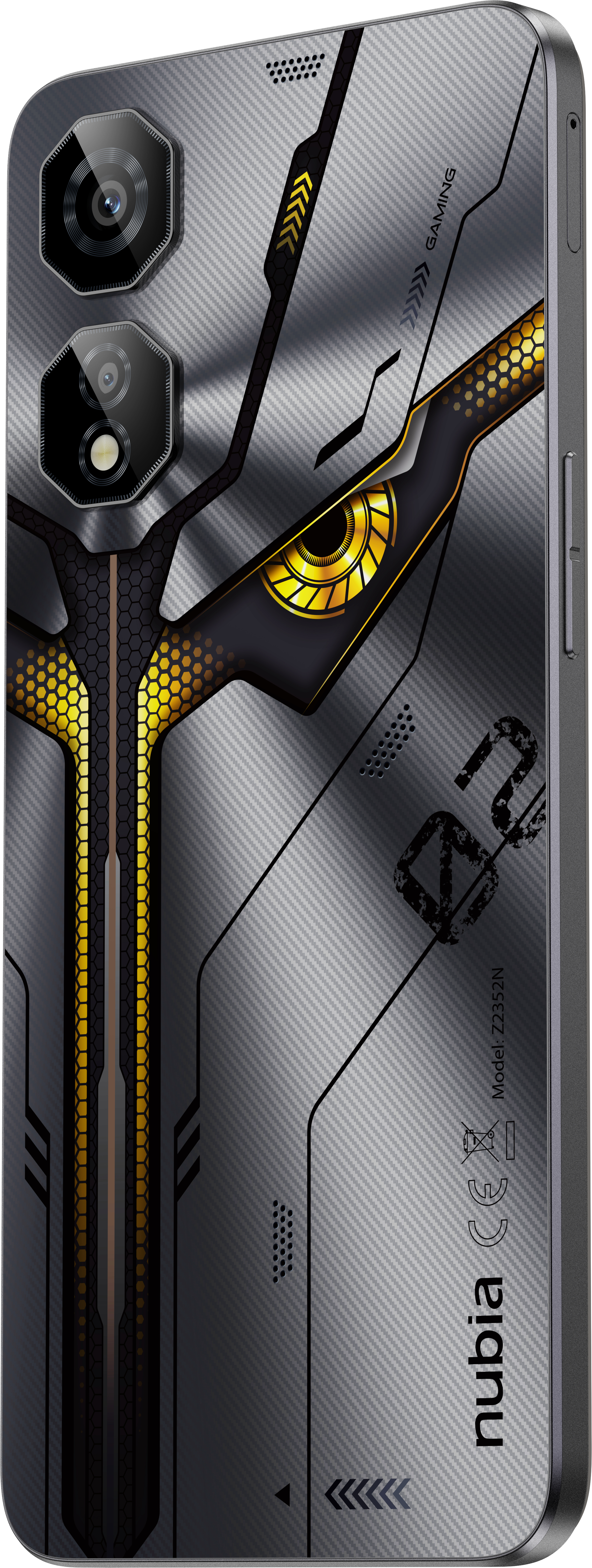 Smartphone-Rückseite mit detailliertem Design, Kamera-Array und geometrischem Muster in Grau und Gold.