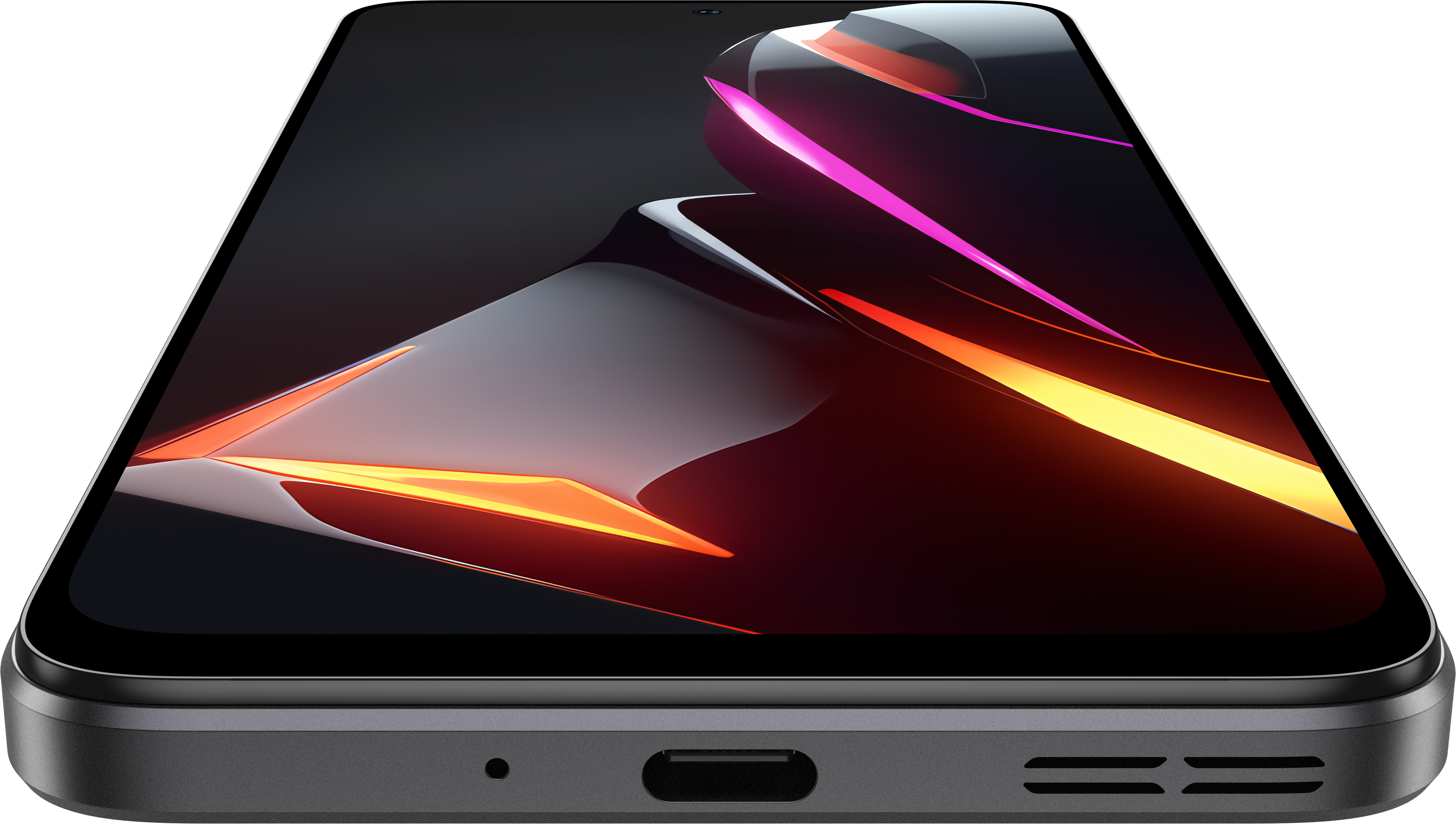 Ein schwarzes Smartphone mit dunklem Bildschirm, der ein farbenfrohes Design zeigt, Nahaufnahme.