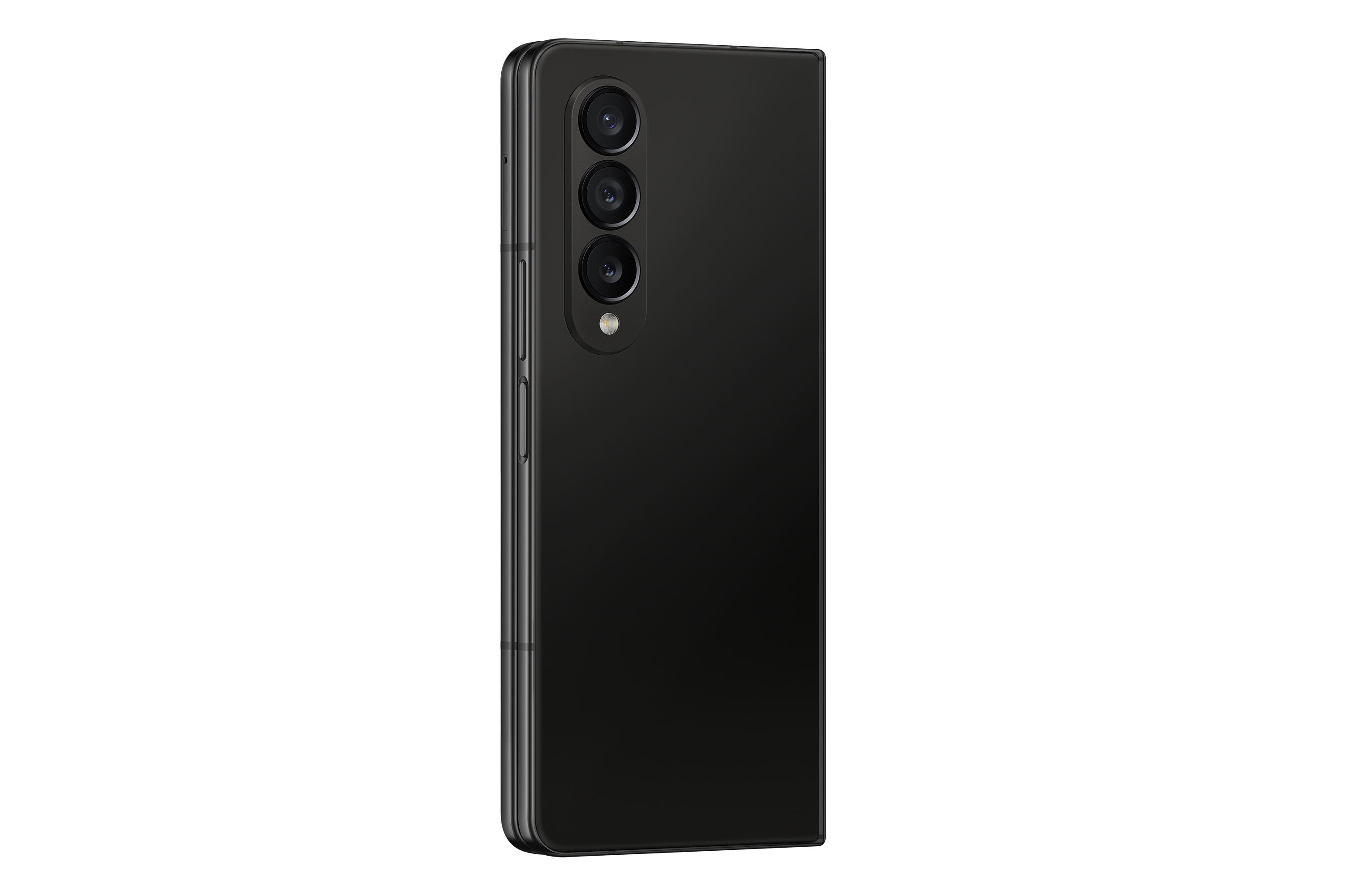 Zwarte opvouwbare telefoon, gesloten, toont achtercamera's.