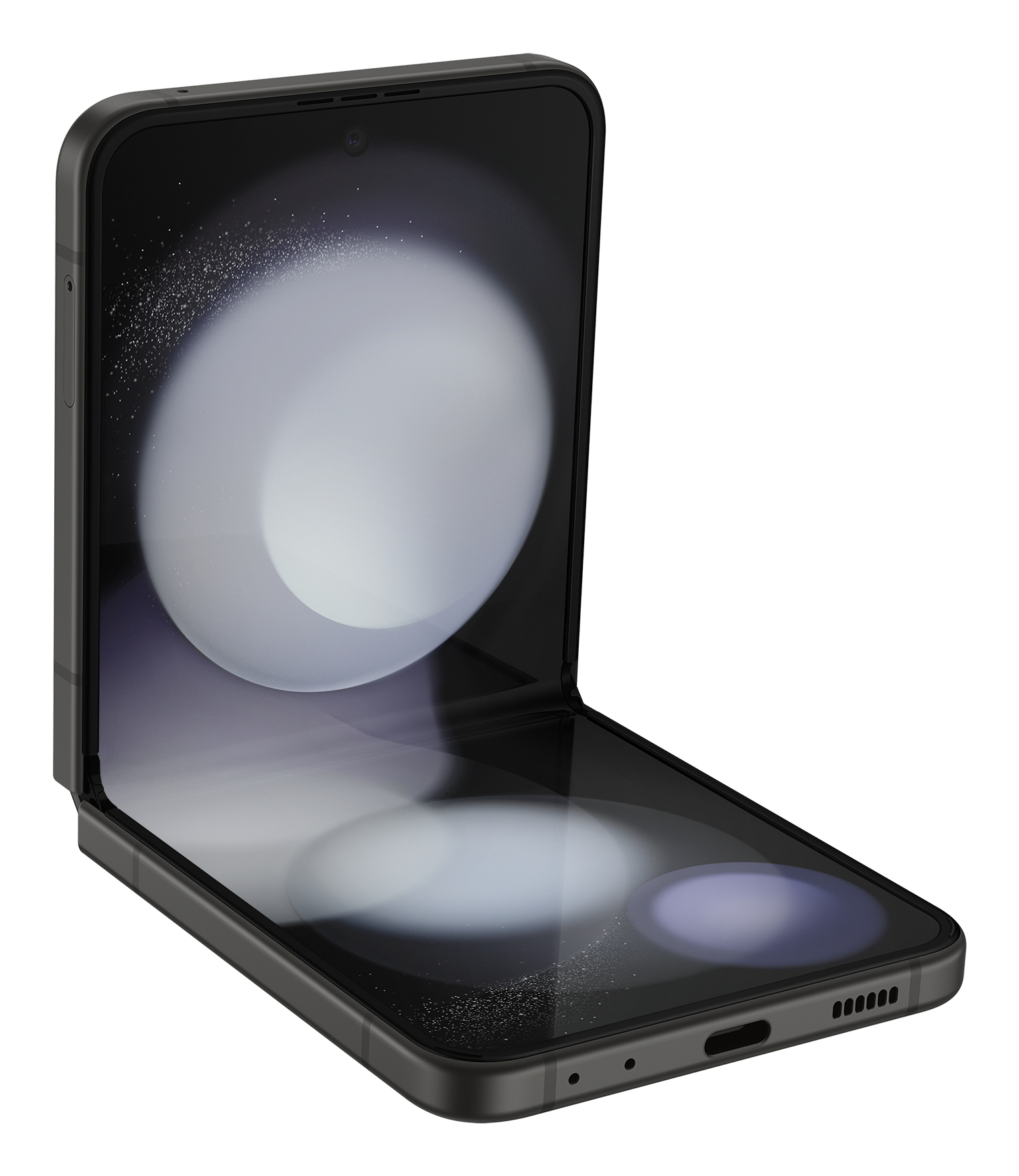 Otwarty składany czarny smartfon. Ekran wyświetla rozmyty biało-szary wzór.