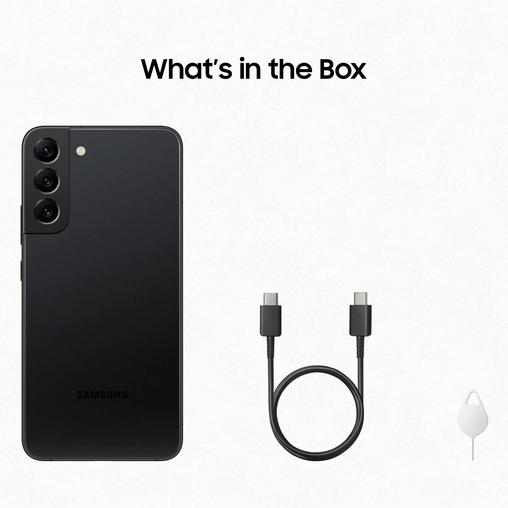 Czarny telefon Samsung, kabel USB-C i narzędzie do wysuwania karty SIM, z napisem 'What's in the Box'.