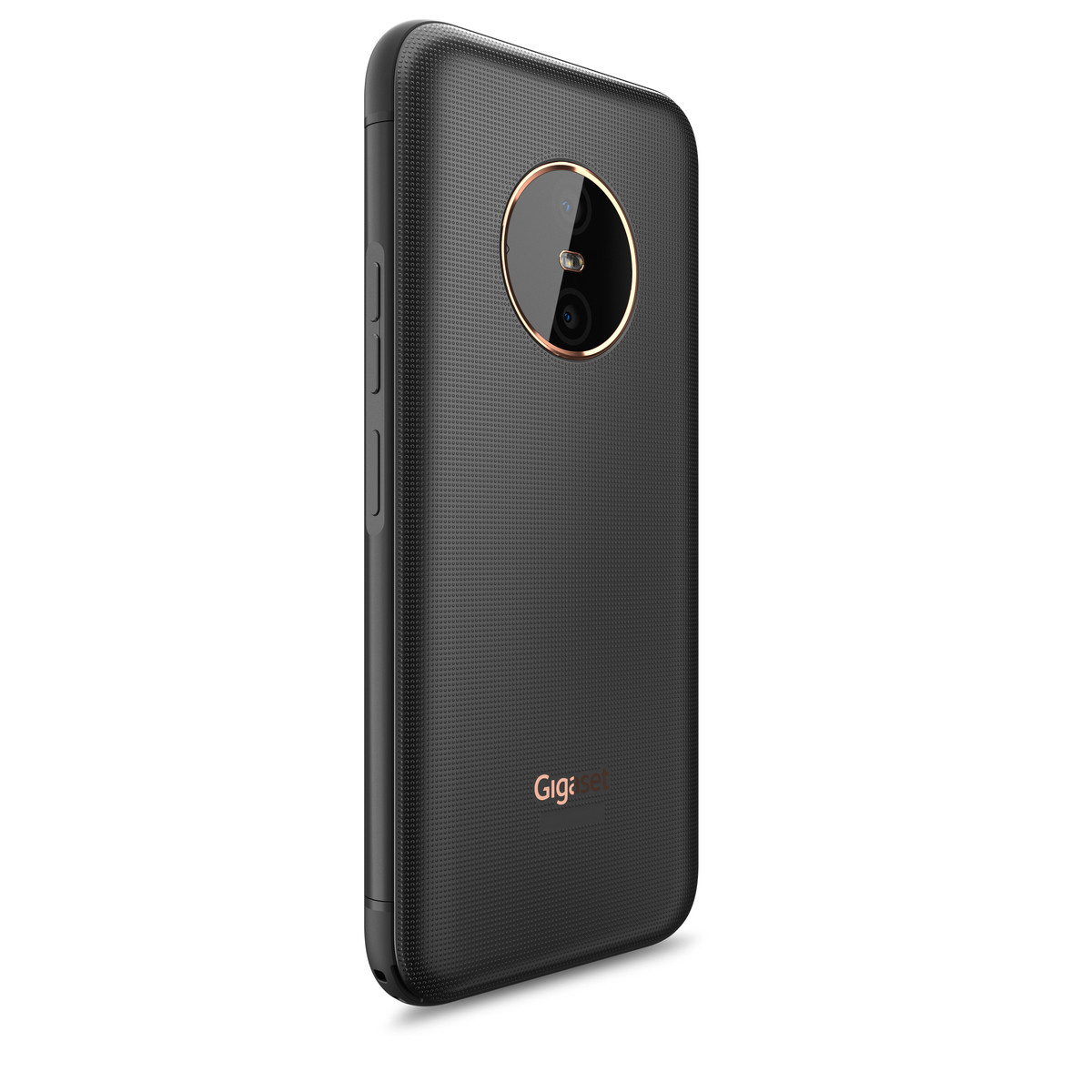 Schwarze Smartphone-Rückseite mit Dual-Kamera und goldenem Ring. Die Rückseite hat ein gepunktetes Muster mit Gigaset-Logo.