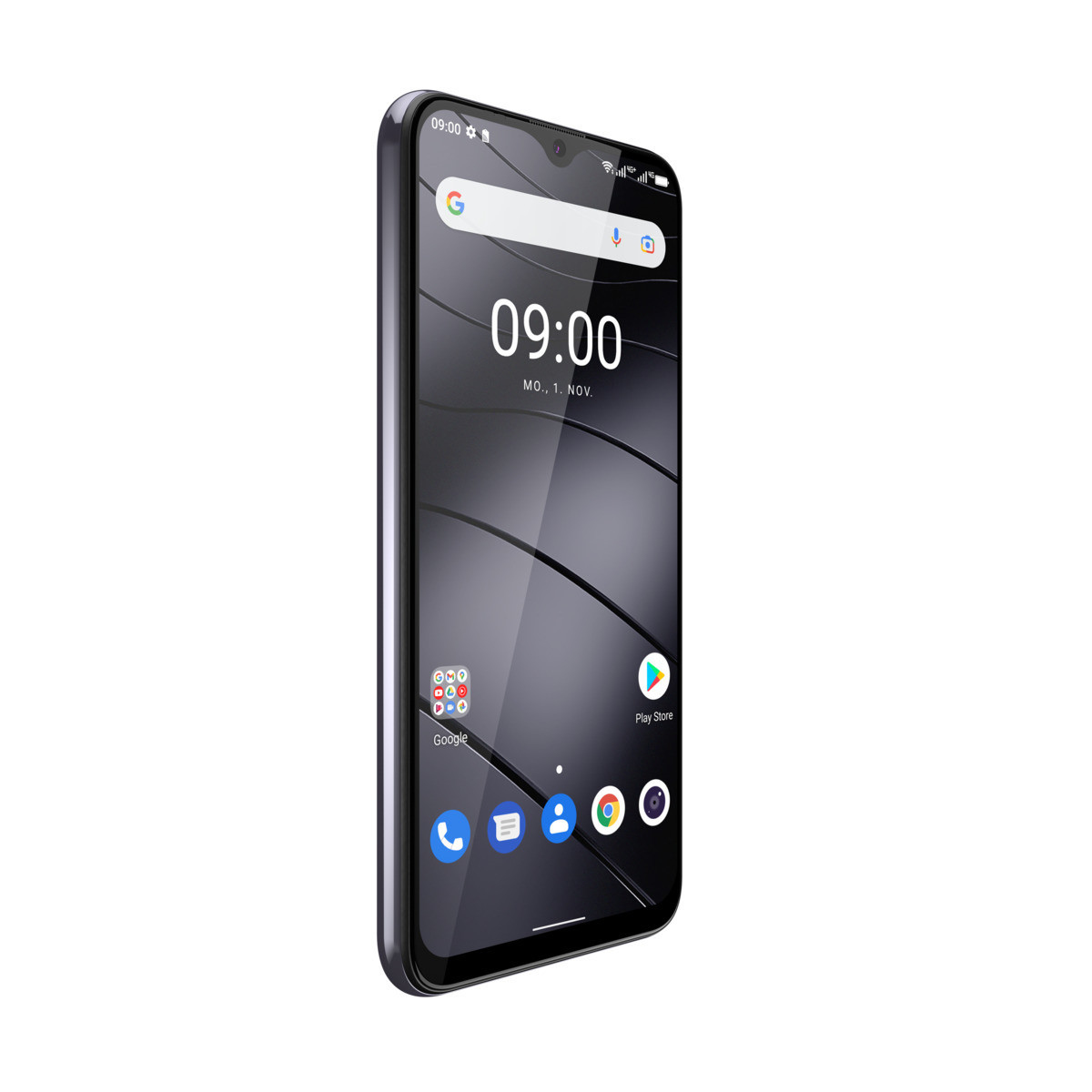 Schwarzes Telefon mit einer Anzeige, die die Uhrzeit anzeigt. Weißer Hintergrund.