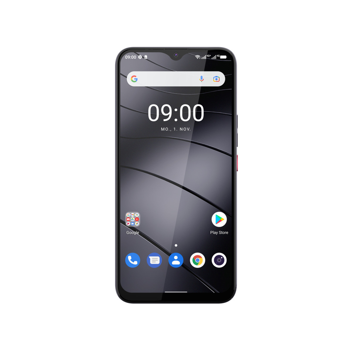Smartphone-Startbildschirm mit Uhrzeit, Datum, Google-Suchleiste und App-Symbolen.