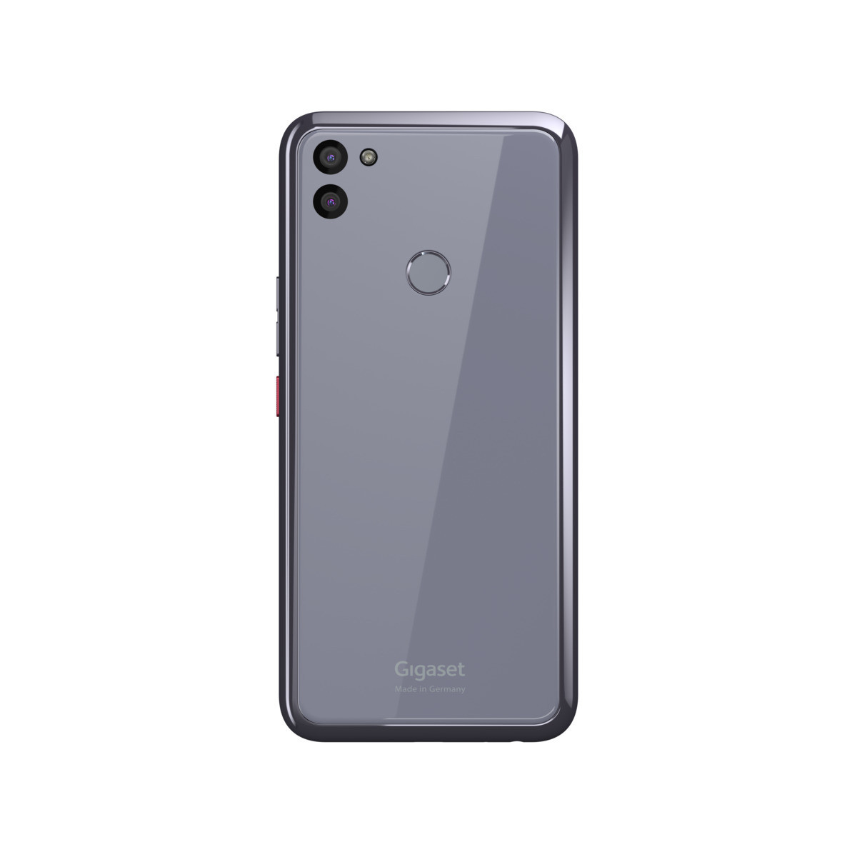 Rückansicht eines Gigaset-Telefons. Das Telefon ist grau mit zwei Kameras und einem Fingerabdrucksensor.