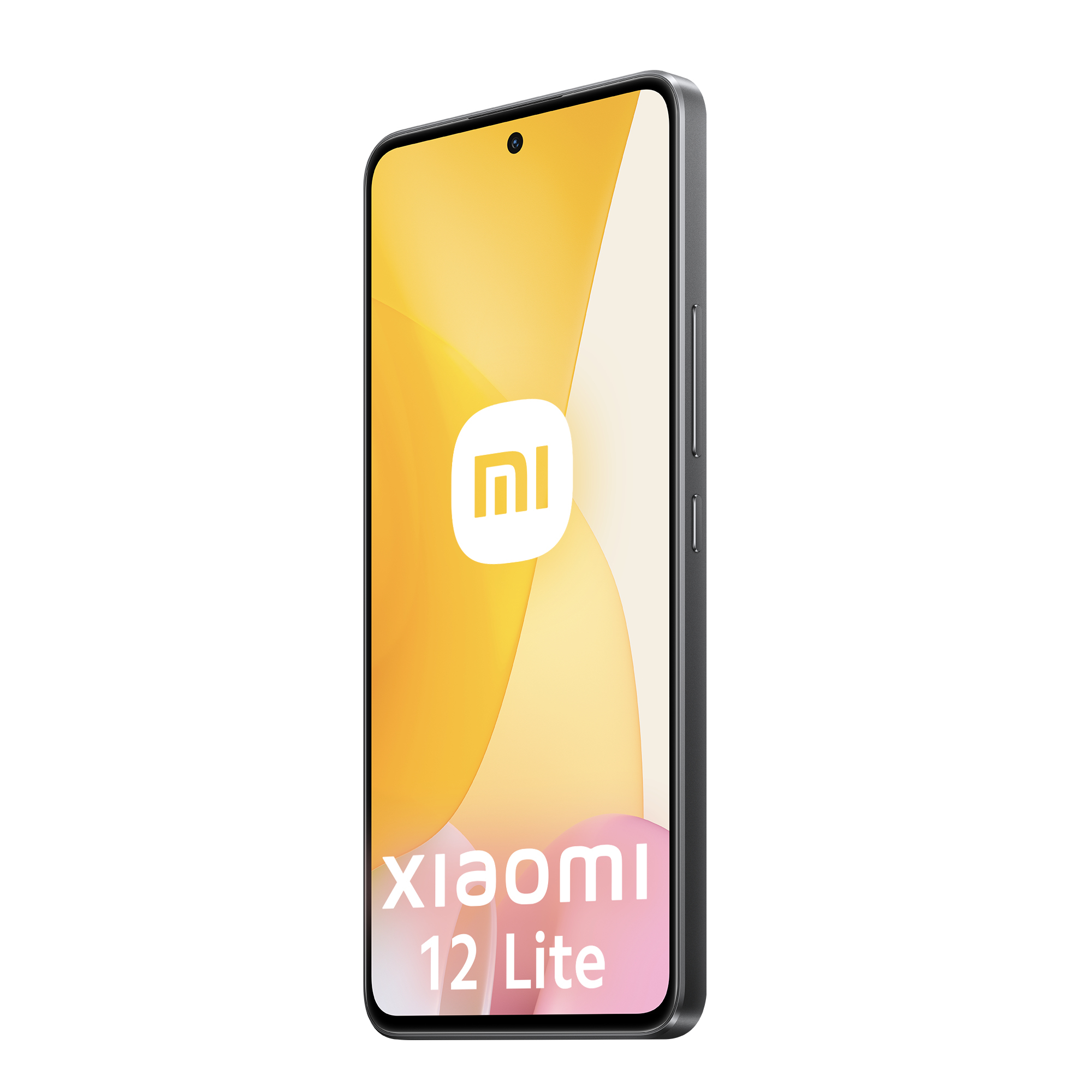 Telefon Xiaomi 12 Lite, widok z boku. Wyświetlacz pokazuje kolorowe tło. Białe tło.